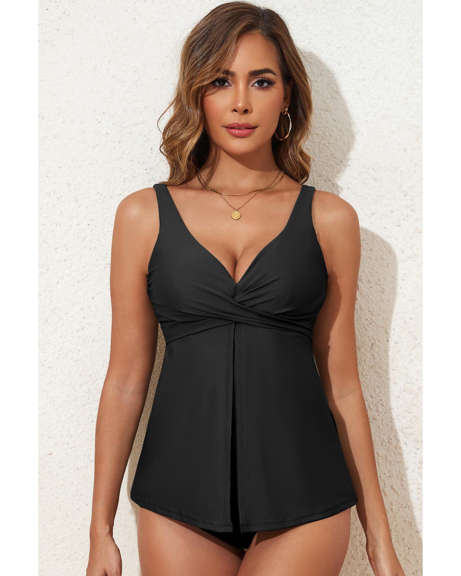 Black Crossed V Neck Adjustable Strap Babydoll Tankini Top - M 4