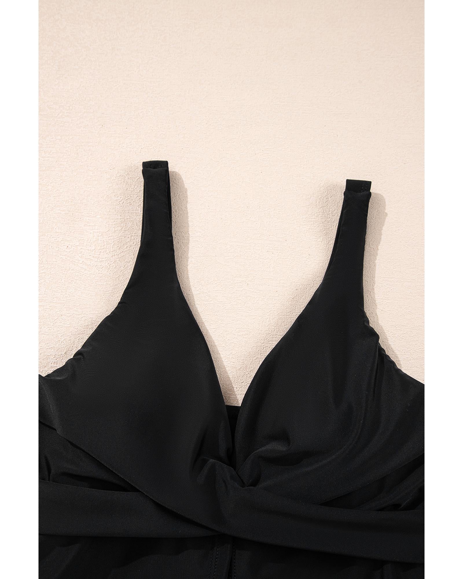 Black Crossed V Neck Adjustable Strap Babydoll Tankini Top - M 5