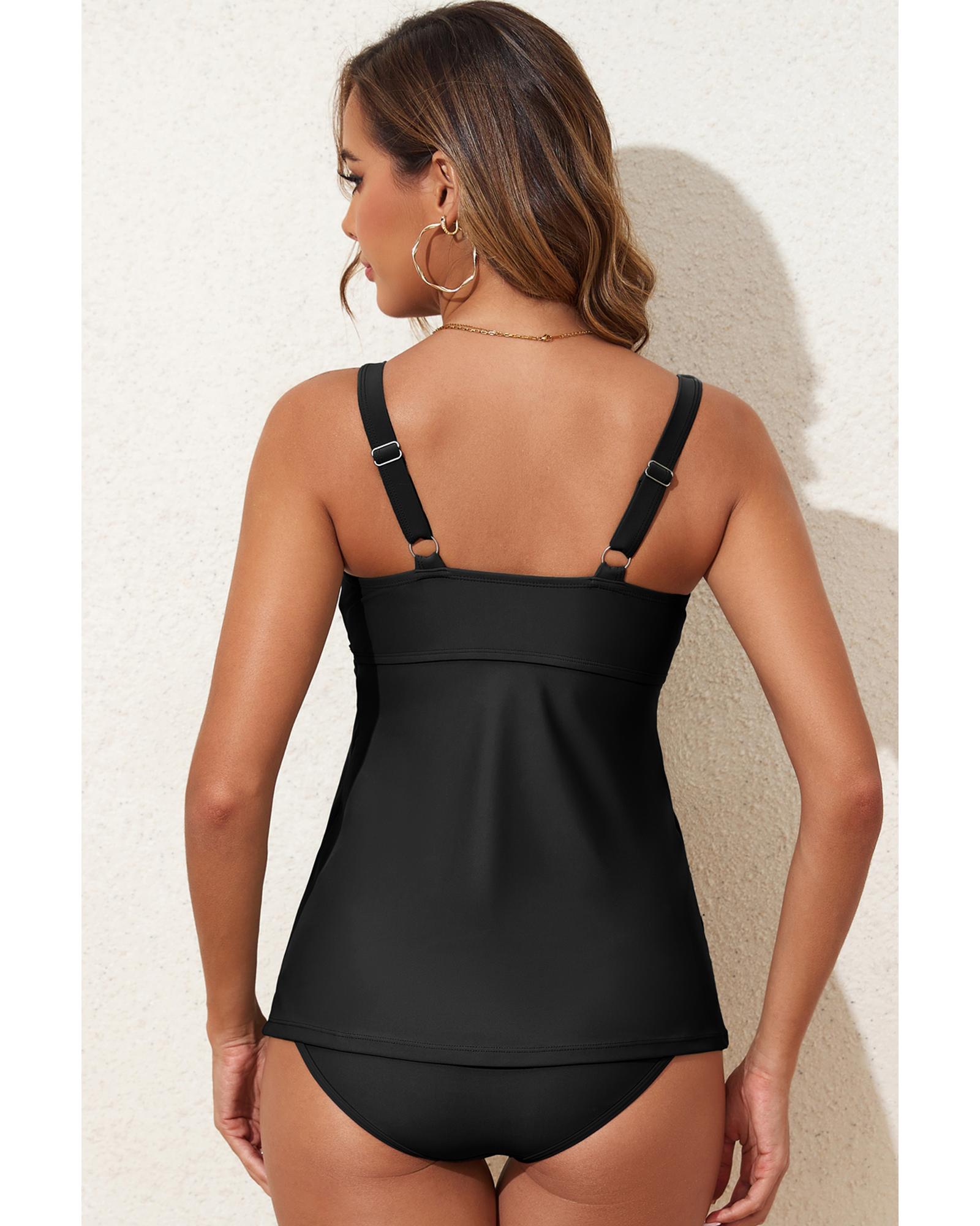 Black Crossed V Neck Adjustable Strap Babydoll Tankini Top - M 8