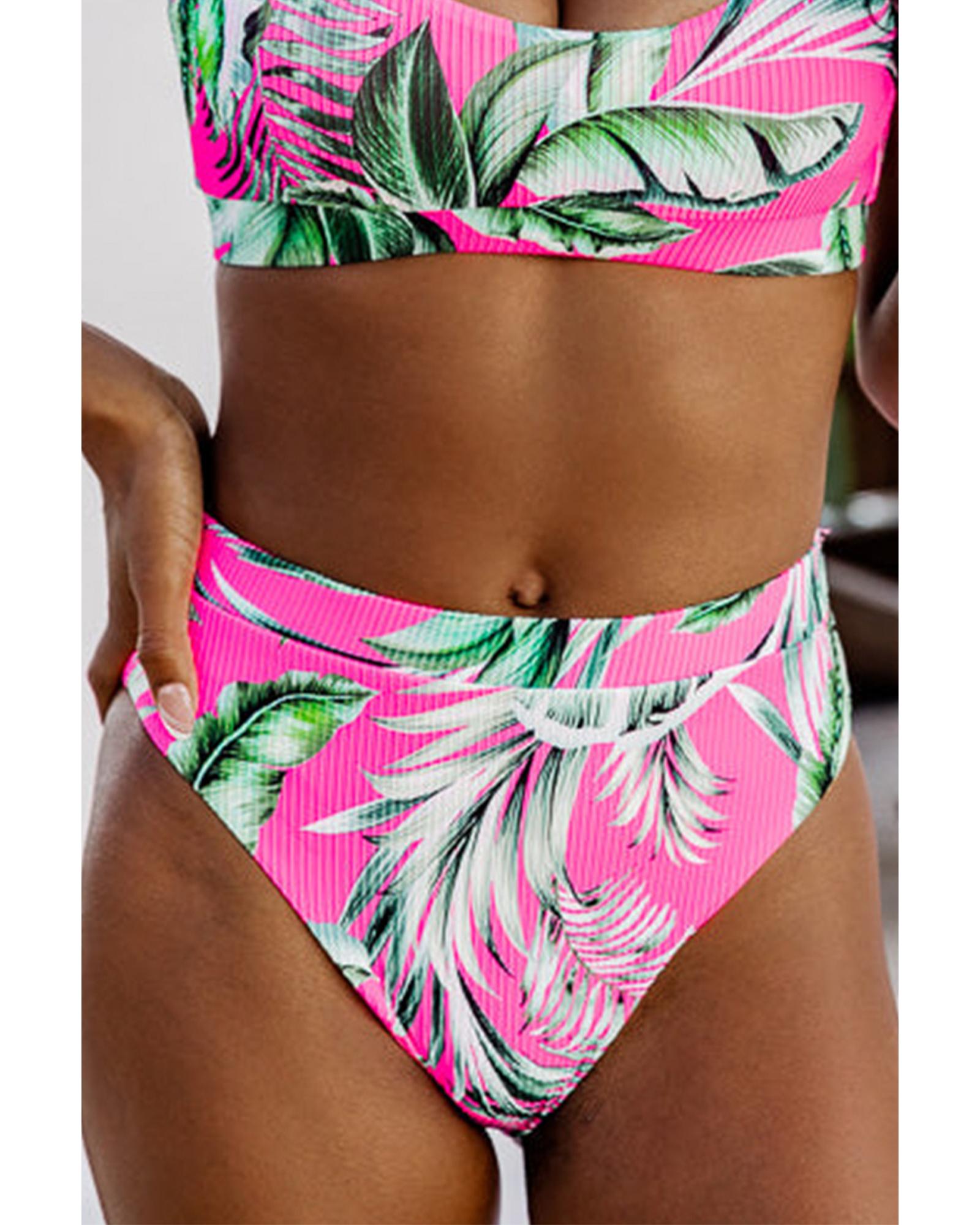 Rose Tropical Print Textured Bikini Bottoms - L 4
