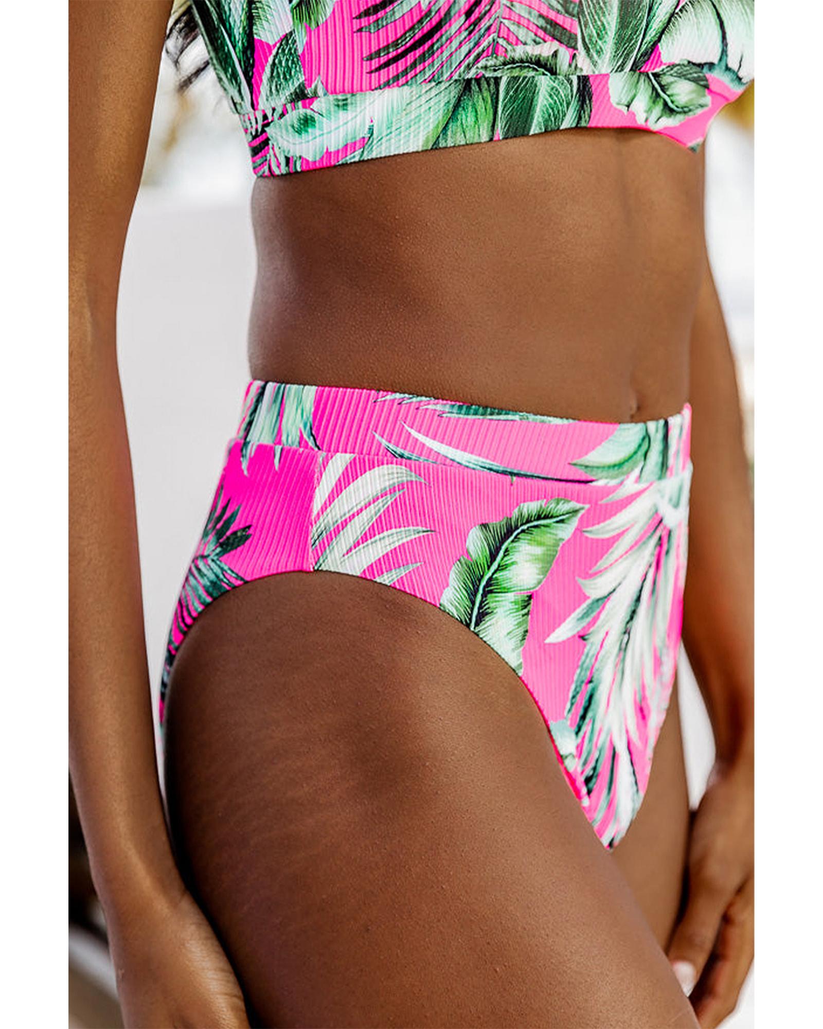 Rose Tropical Print Textured Bikini Bottoms - S 3