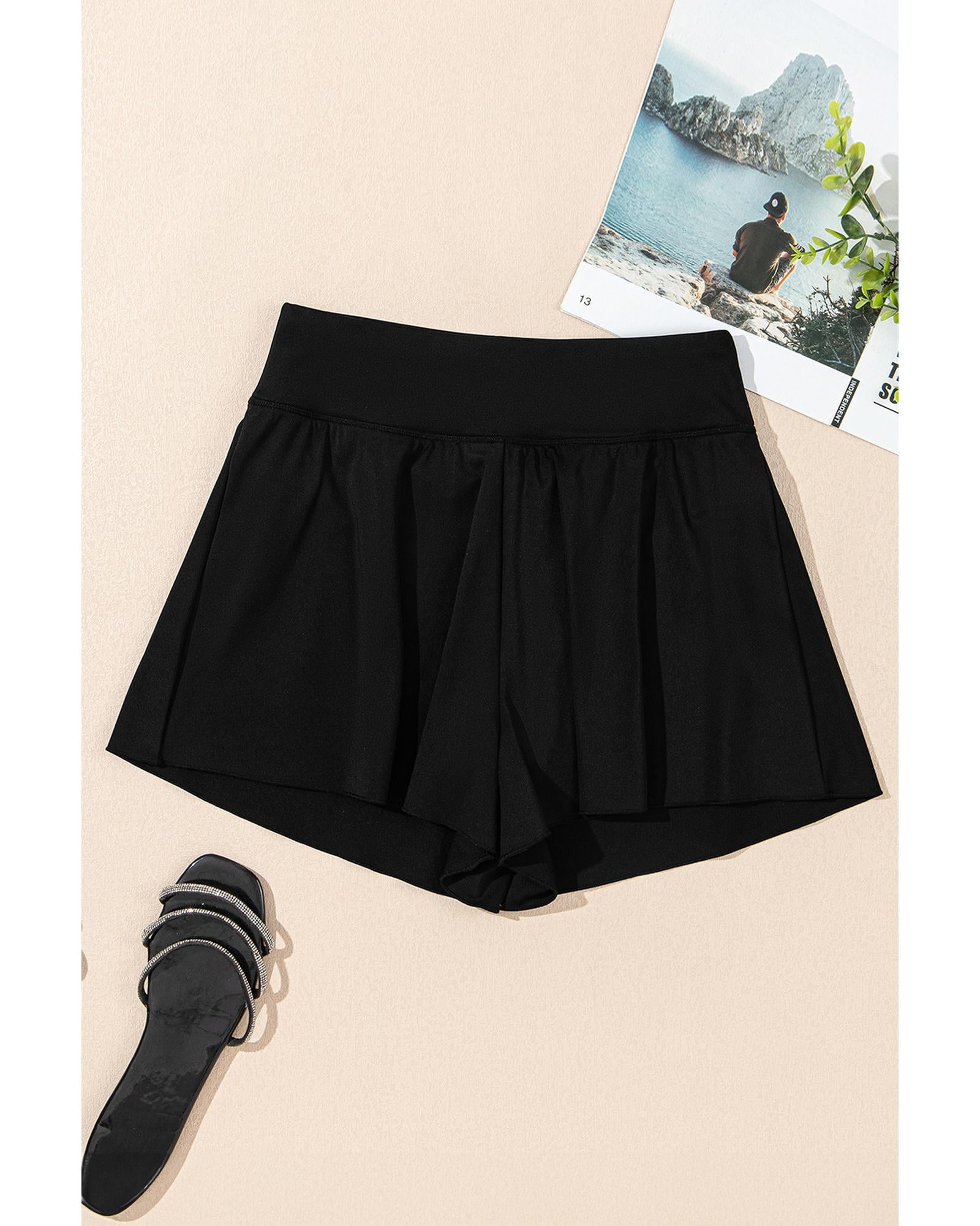 Black Solid Color High Waist Wide Leg Swim Bottom - S 5