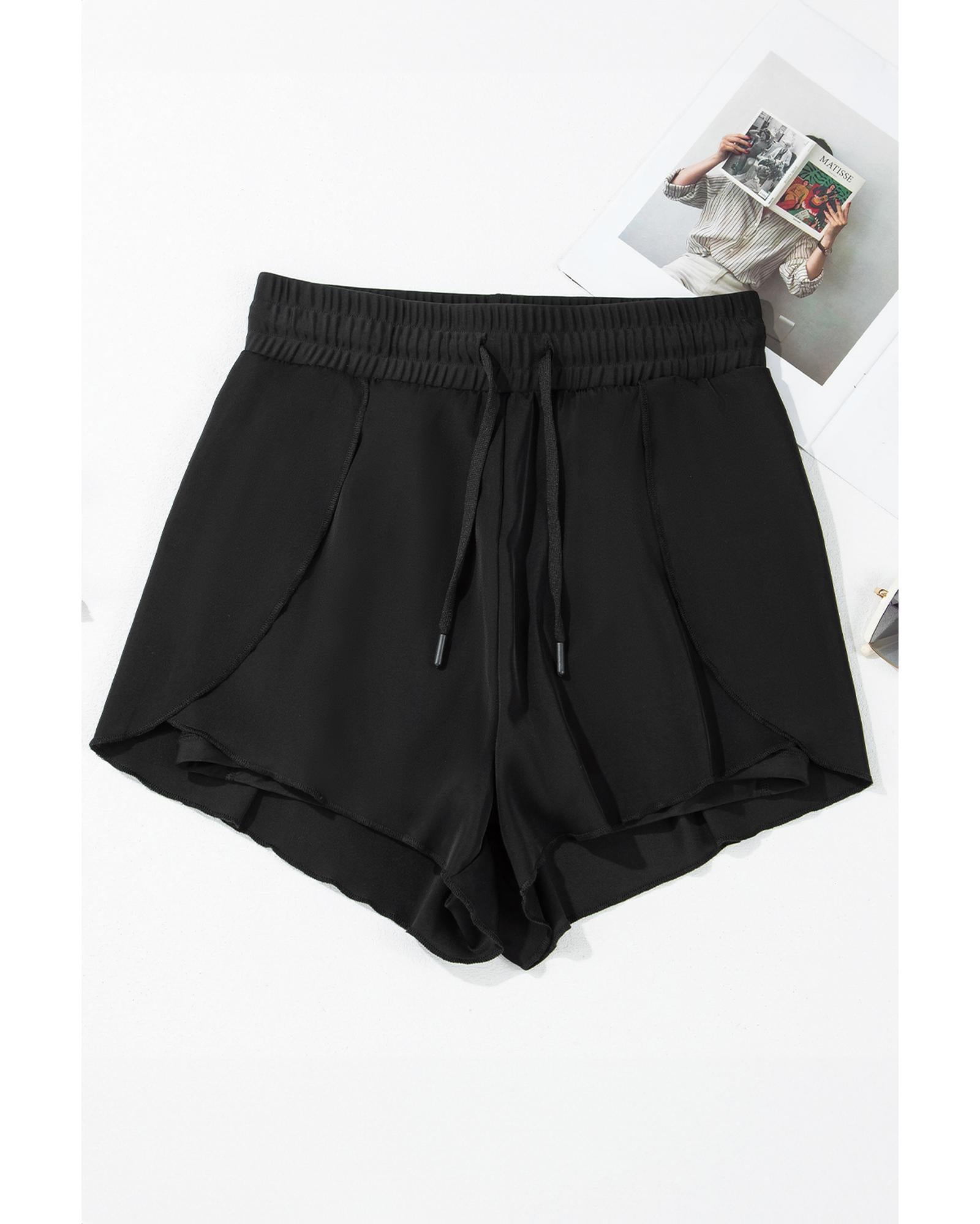 Black High Waisted Drawstring 2-in-1 Side Pocket Color Block Bikini Shorts - L