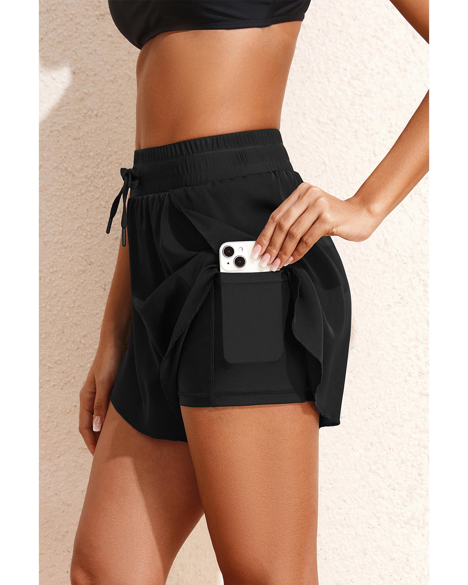 Black High Waisted Drawstring 2-in-1 Side Pocket Color Block Bikini Shorts - L 4