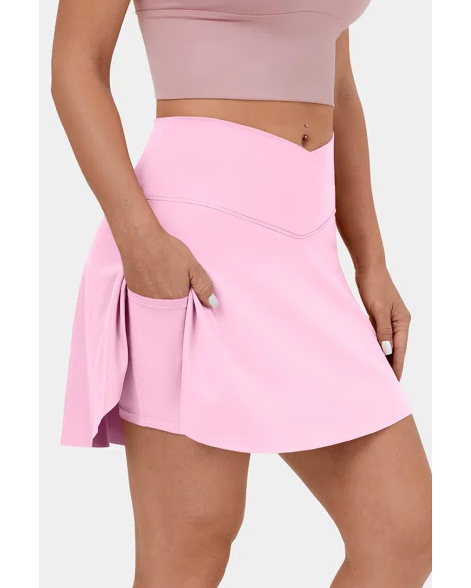 Pink Solid Pocketed Crossover High Waist Swim Skort - L 5