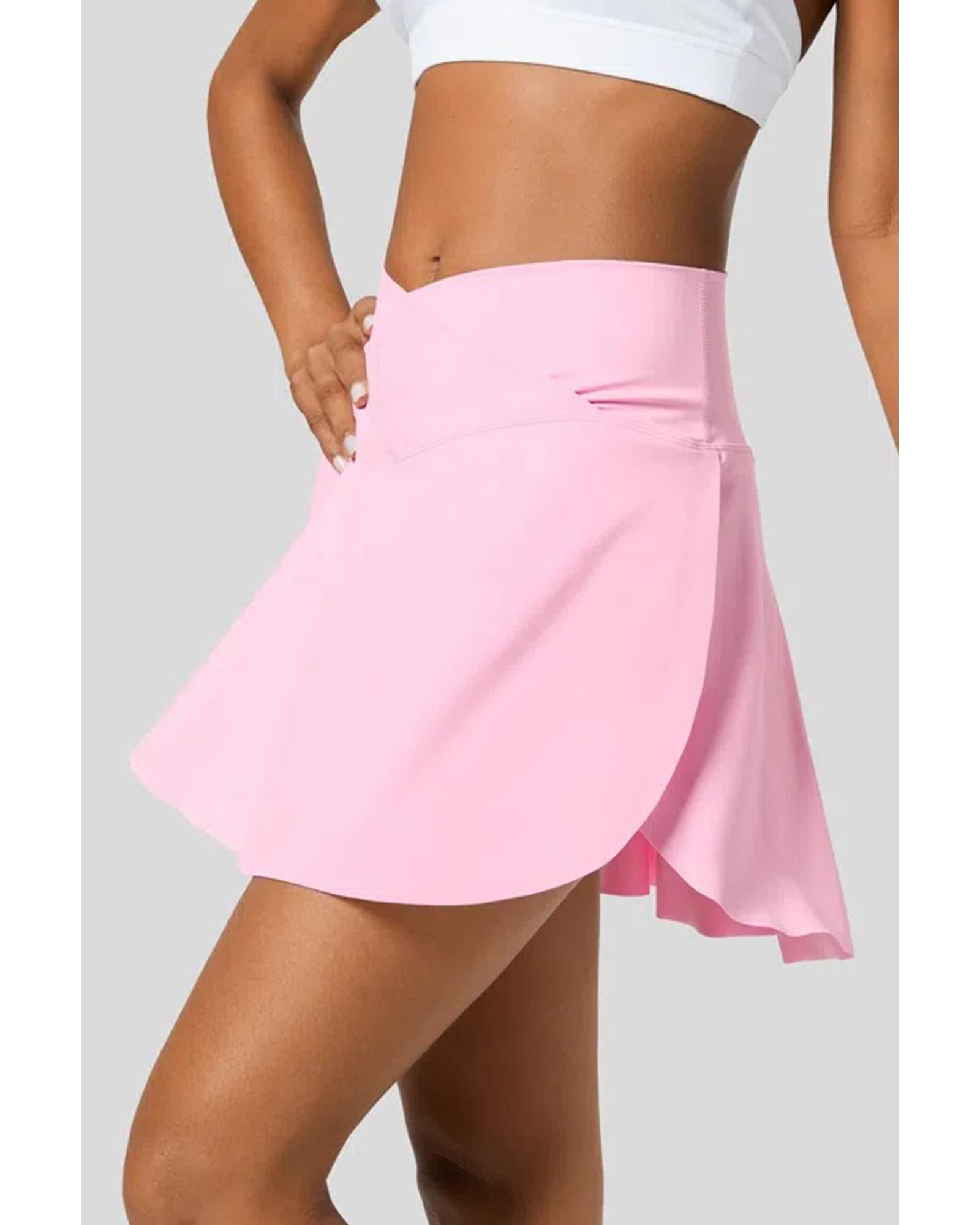 Pink Solid Pocketed Crossover High Waist Swim Skort - S 7