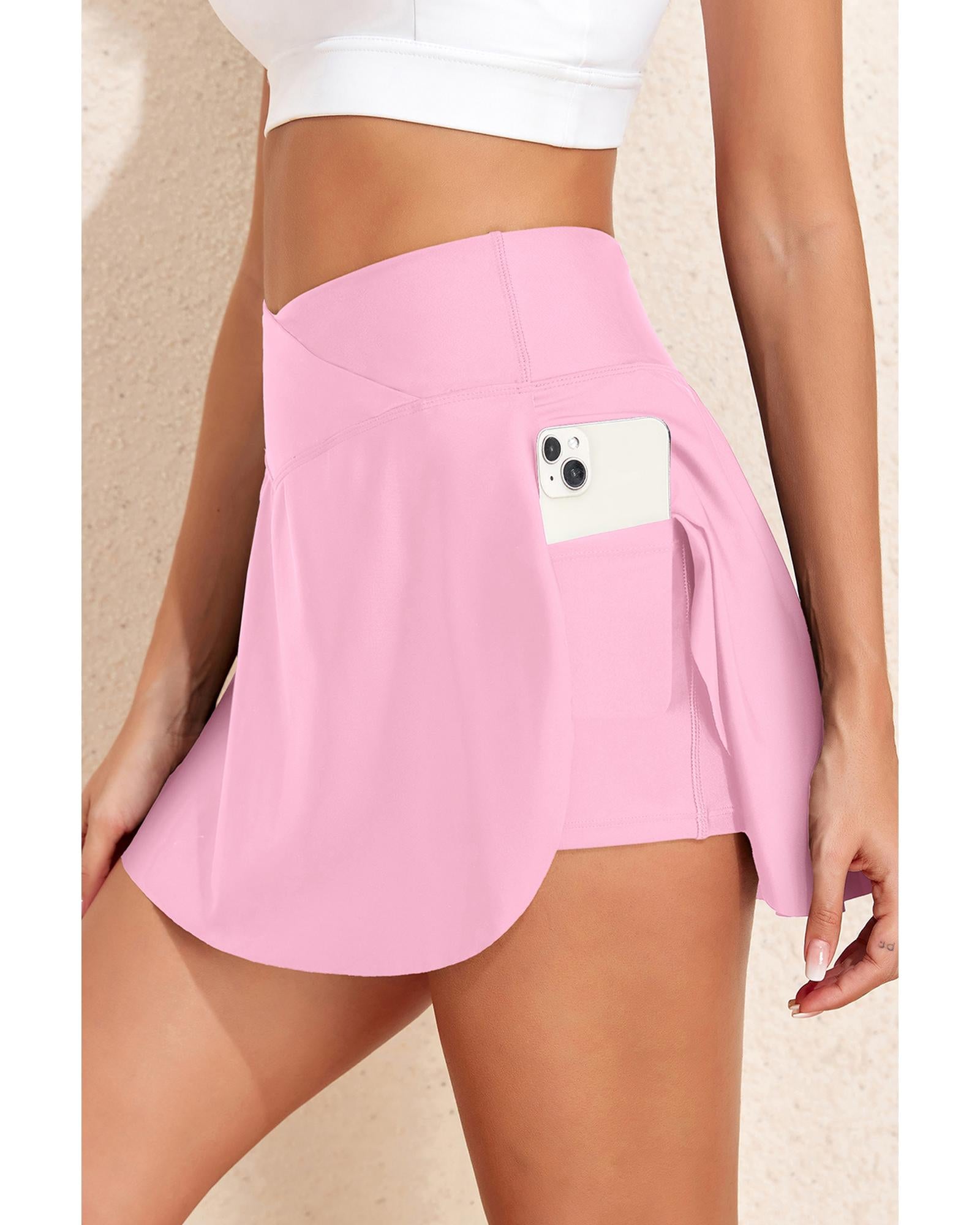 Pink Solid Pocketed Crossover High Waist Swim Skort - XL