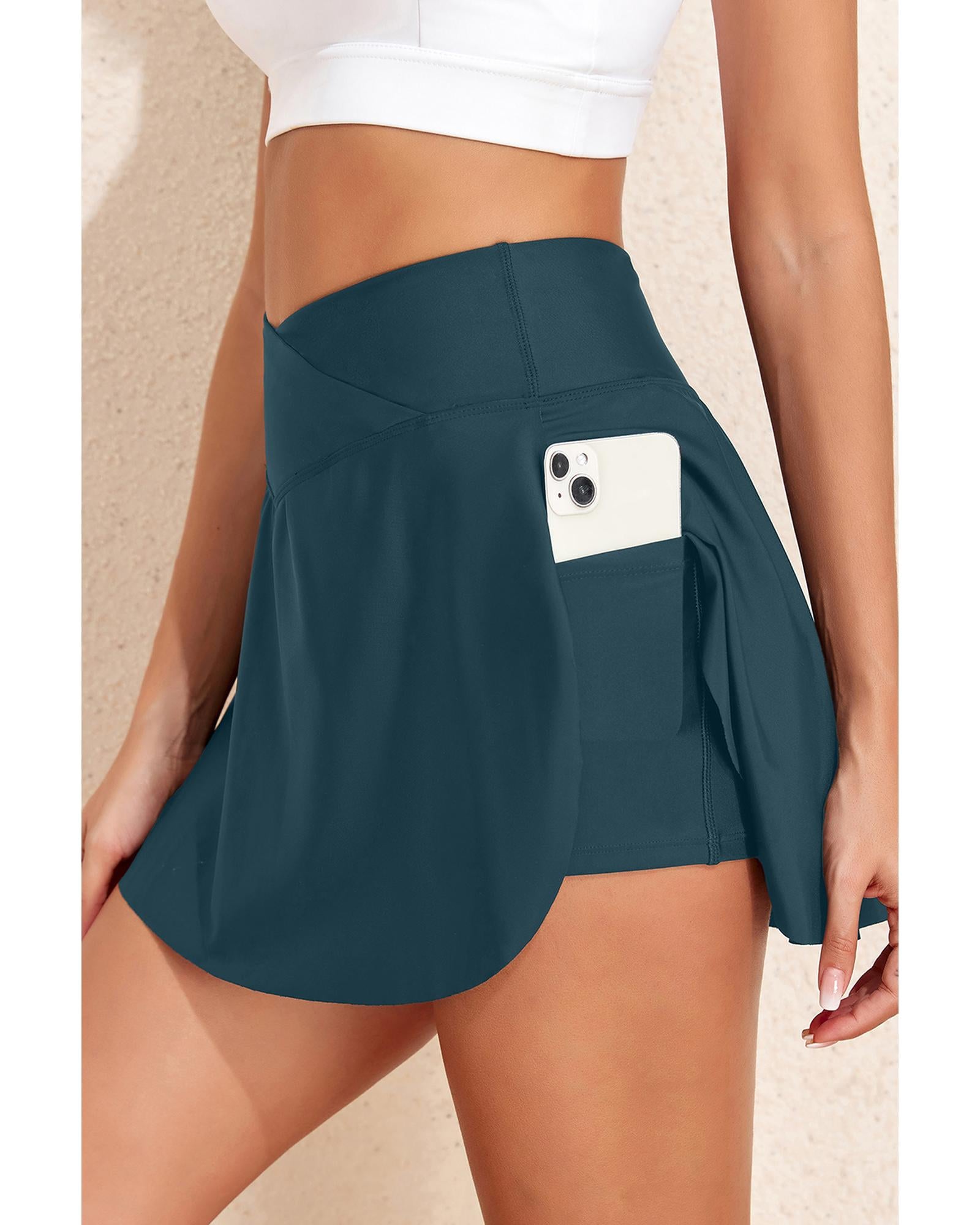 Sea Green Solid Pocketed Crossover High Waist Swim Skort - M 3