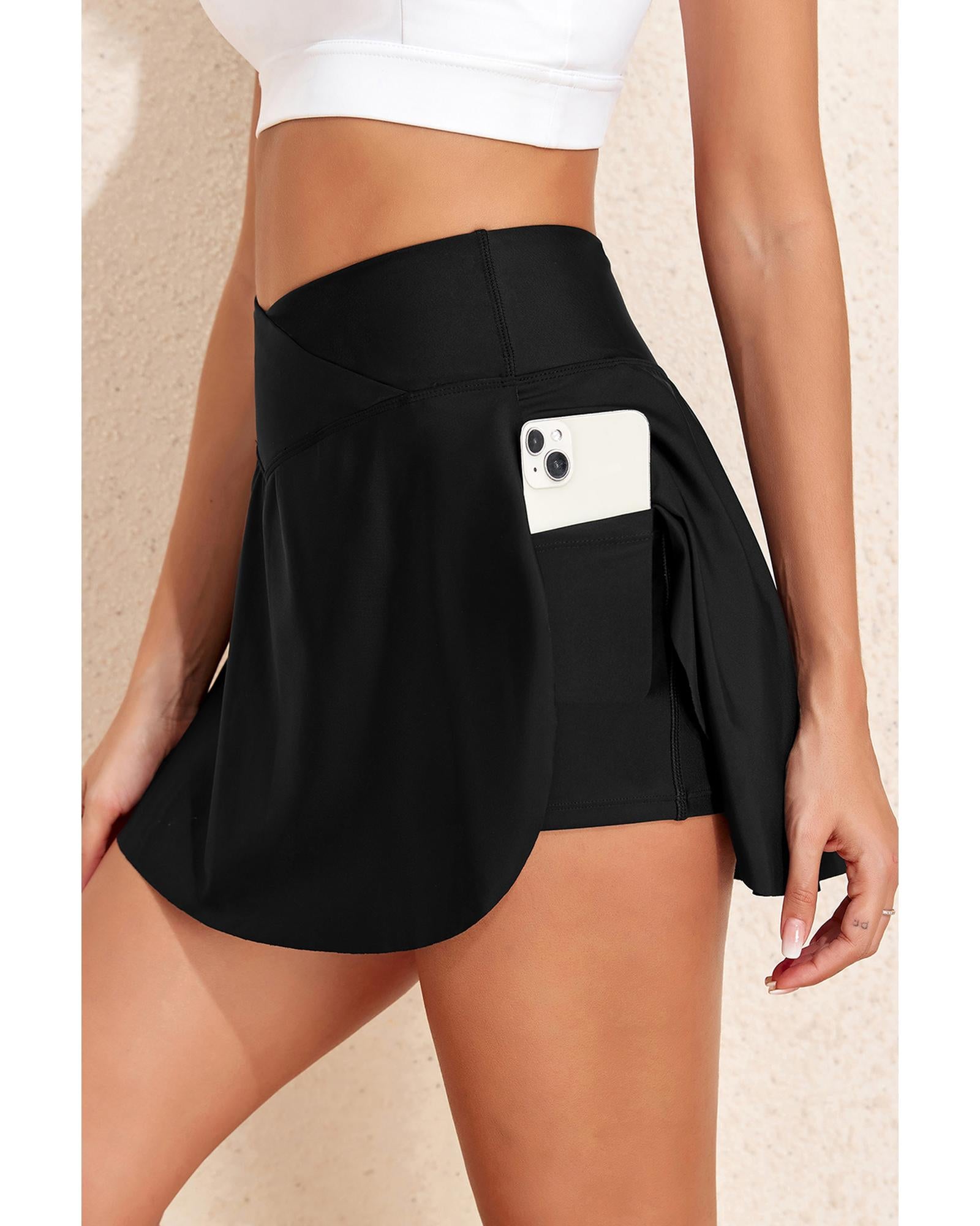 Black Solid Pocketed Crossover High Waist Swim Skort - L 3