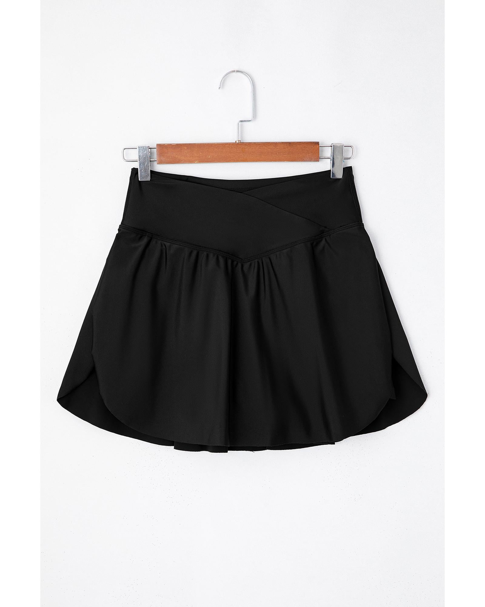 Black Solid Pocketed Crossover High Waist Swim Skort - XL 7