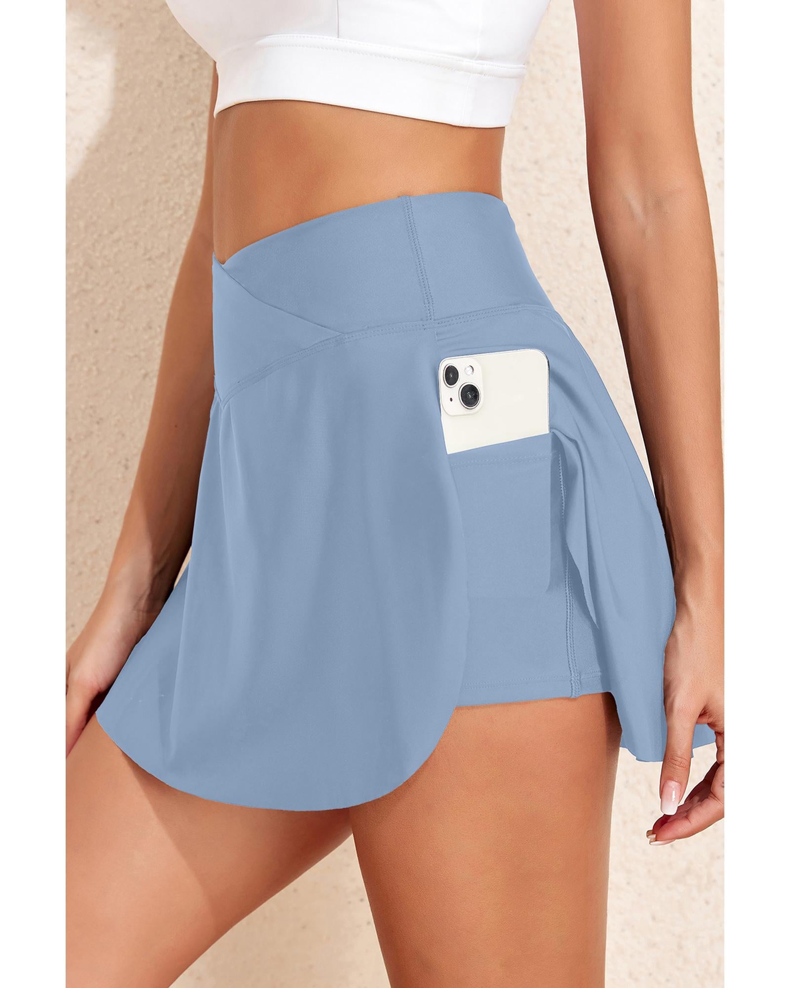 Beau Blue Solid Pocketed Crossover High Waist Swim Skort - XL 3