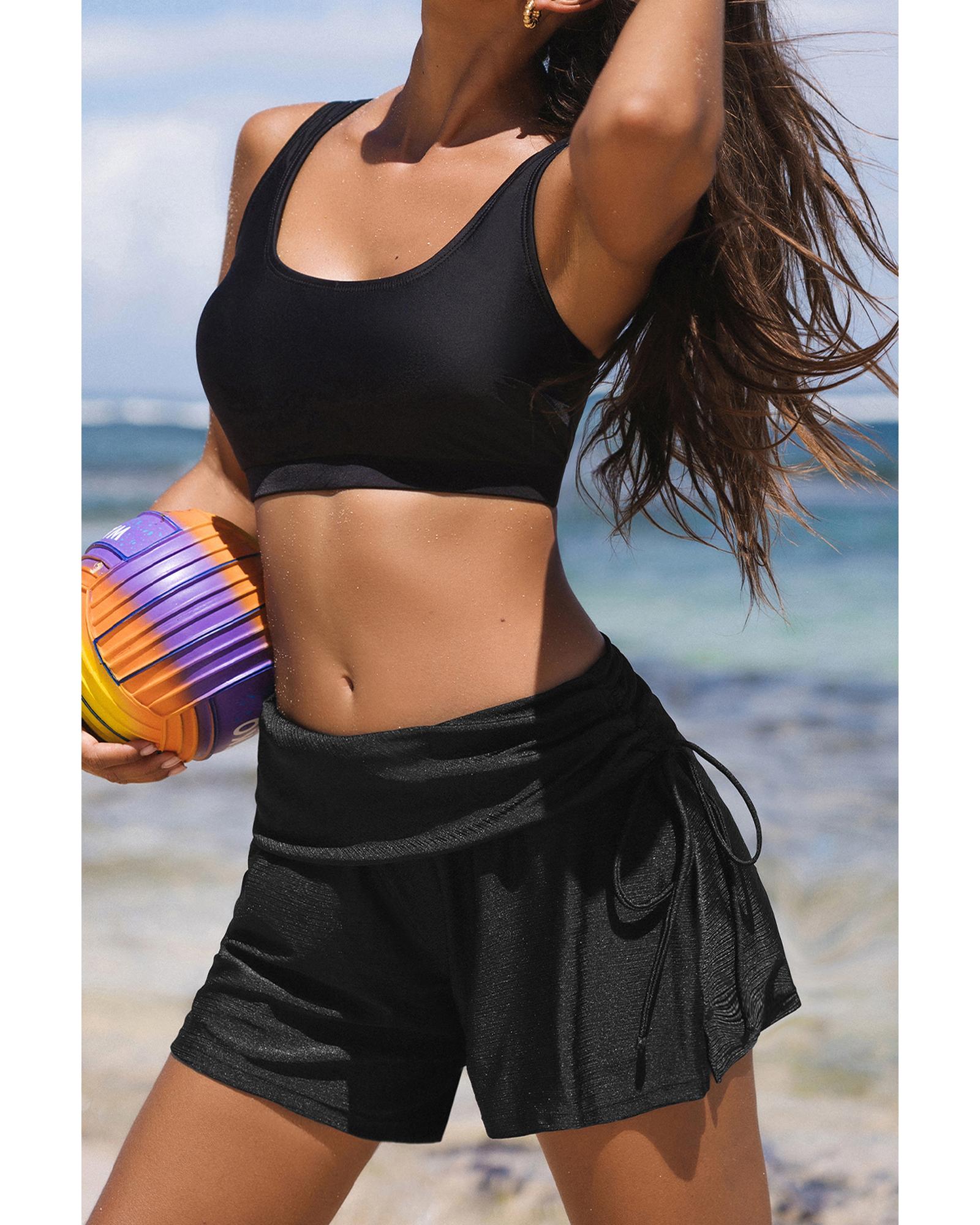 Black Drawstring Ruched High Waist Loose Swim Shorts - L 4