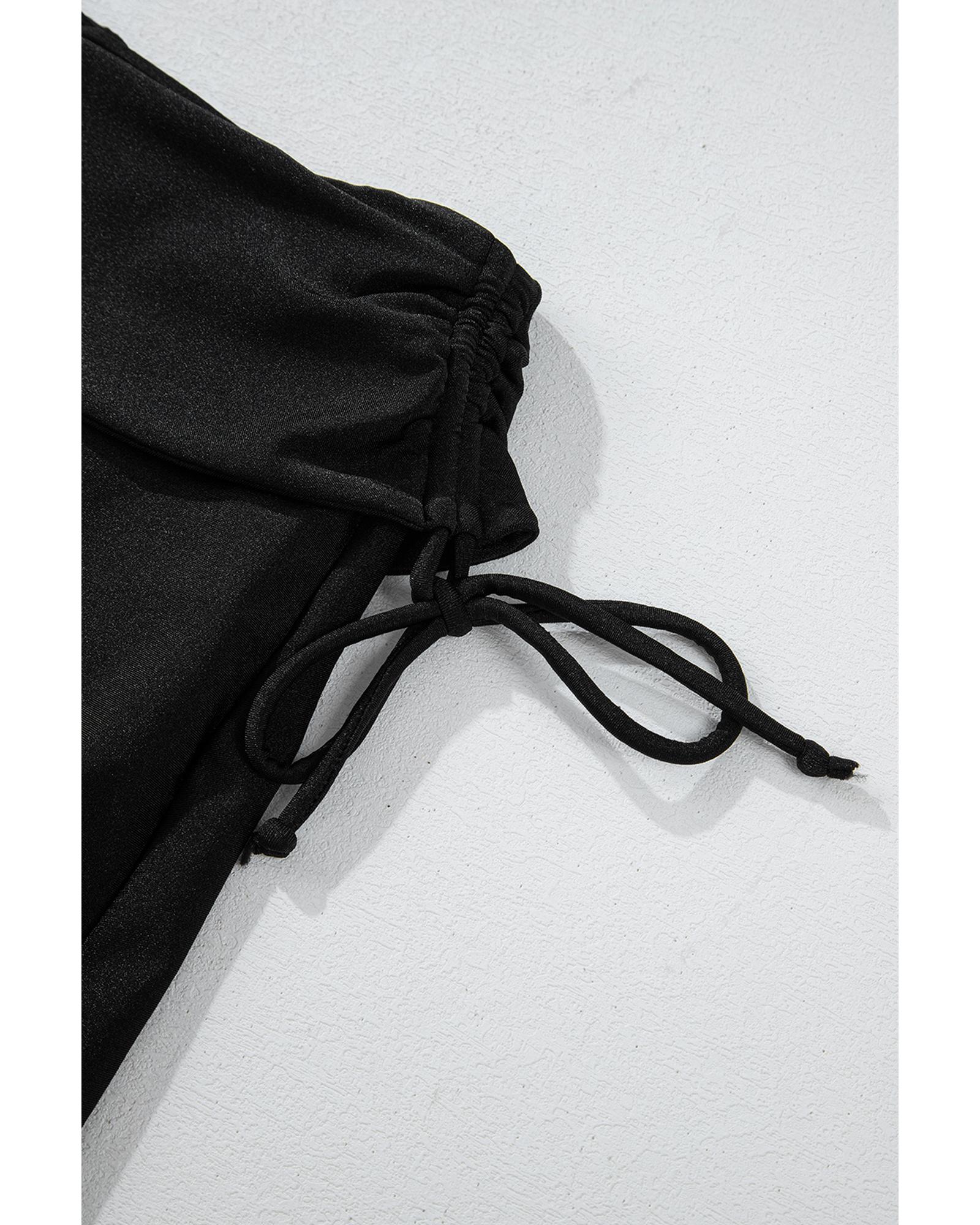 Black Drawstring Ruched High Waist Loose Swim Shorts - L 5
