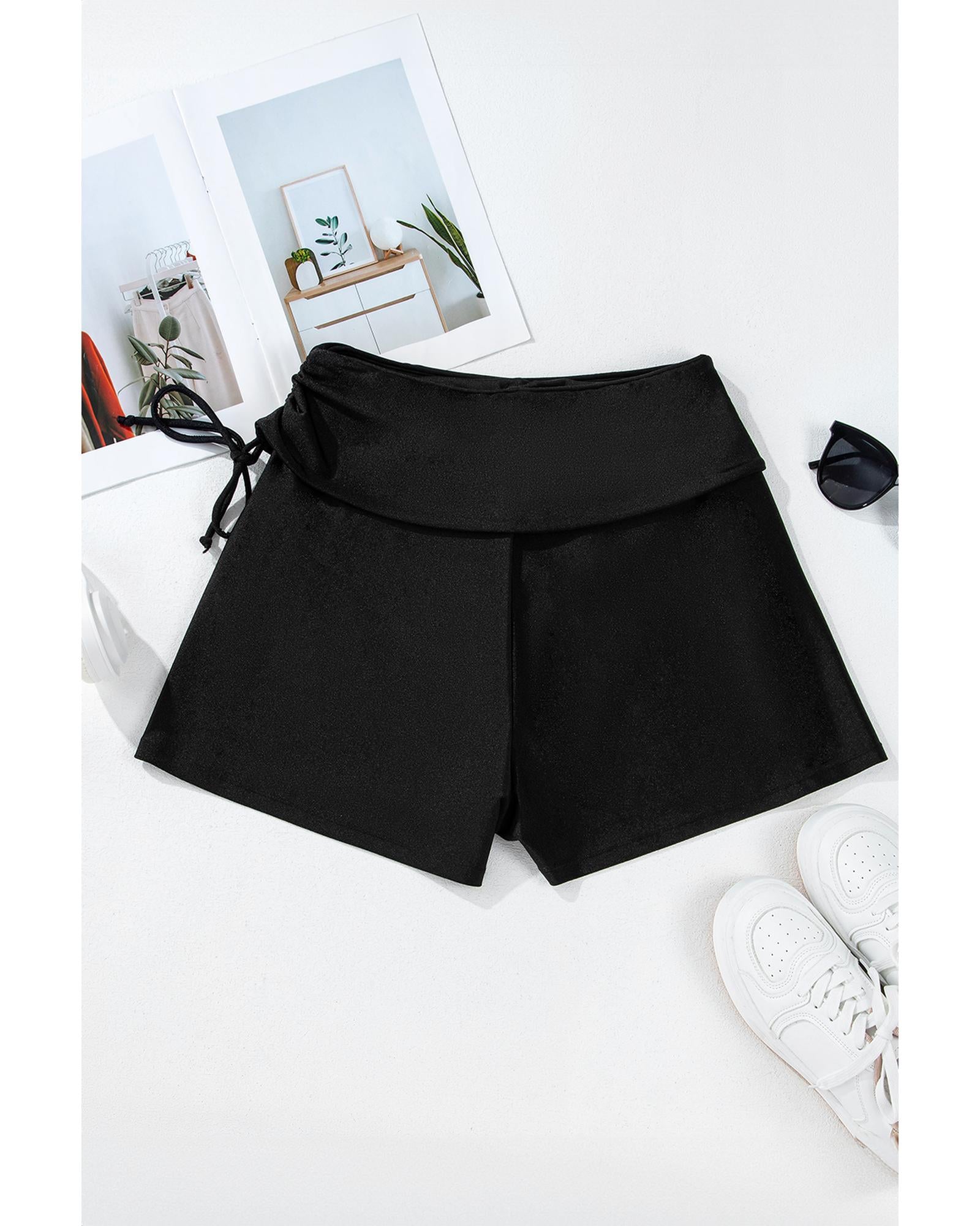Black Drawstring Ruched High Waist Loose Swim Shorts - L 7