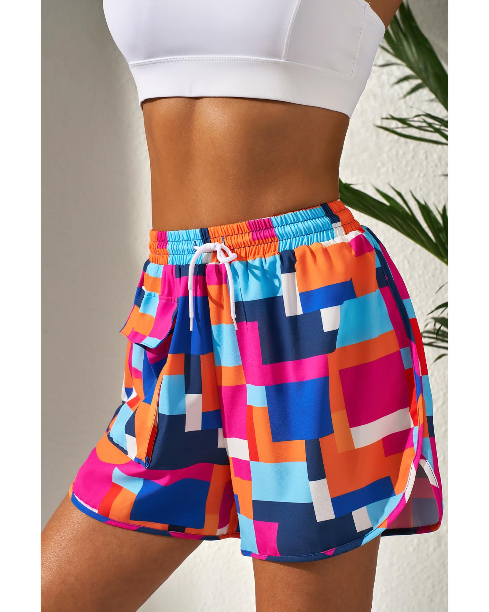 Rose Geometric Printed Drawstring Waist Beach Shorts with Pockets - M 3
