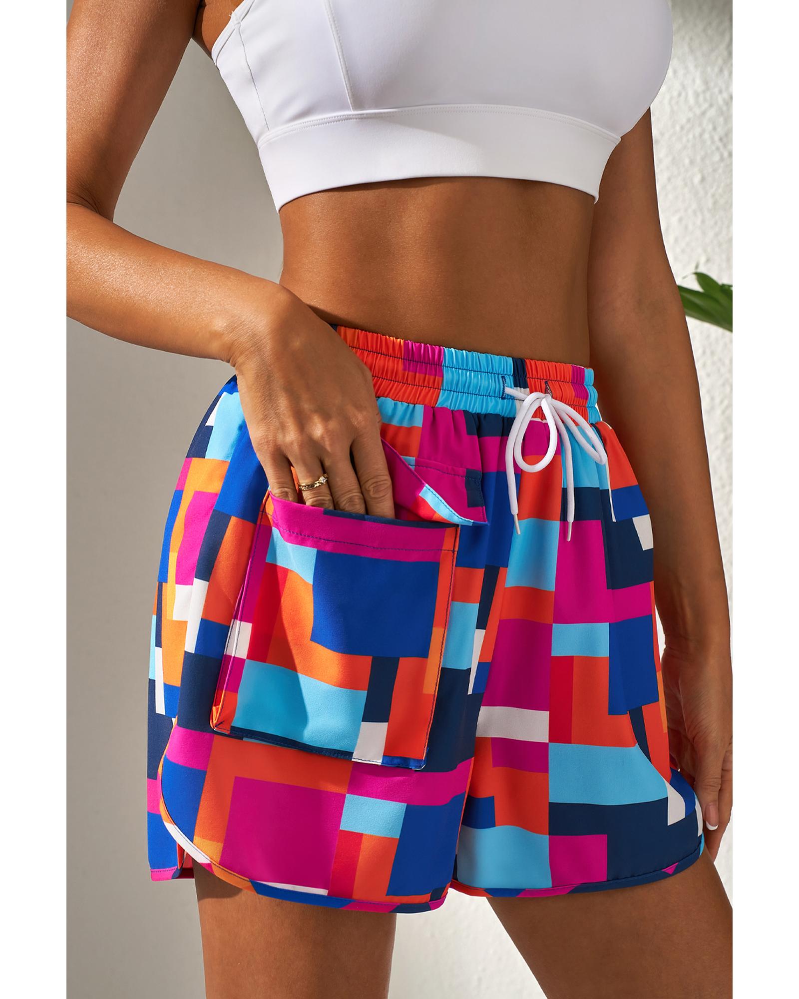 Rose Geometric Printed Drawstring Waist Beach Shorts with Pockets - M 4