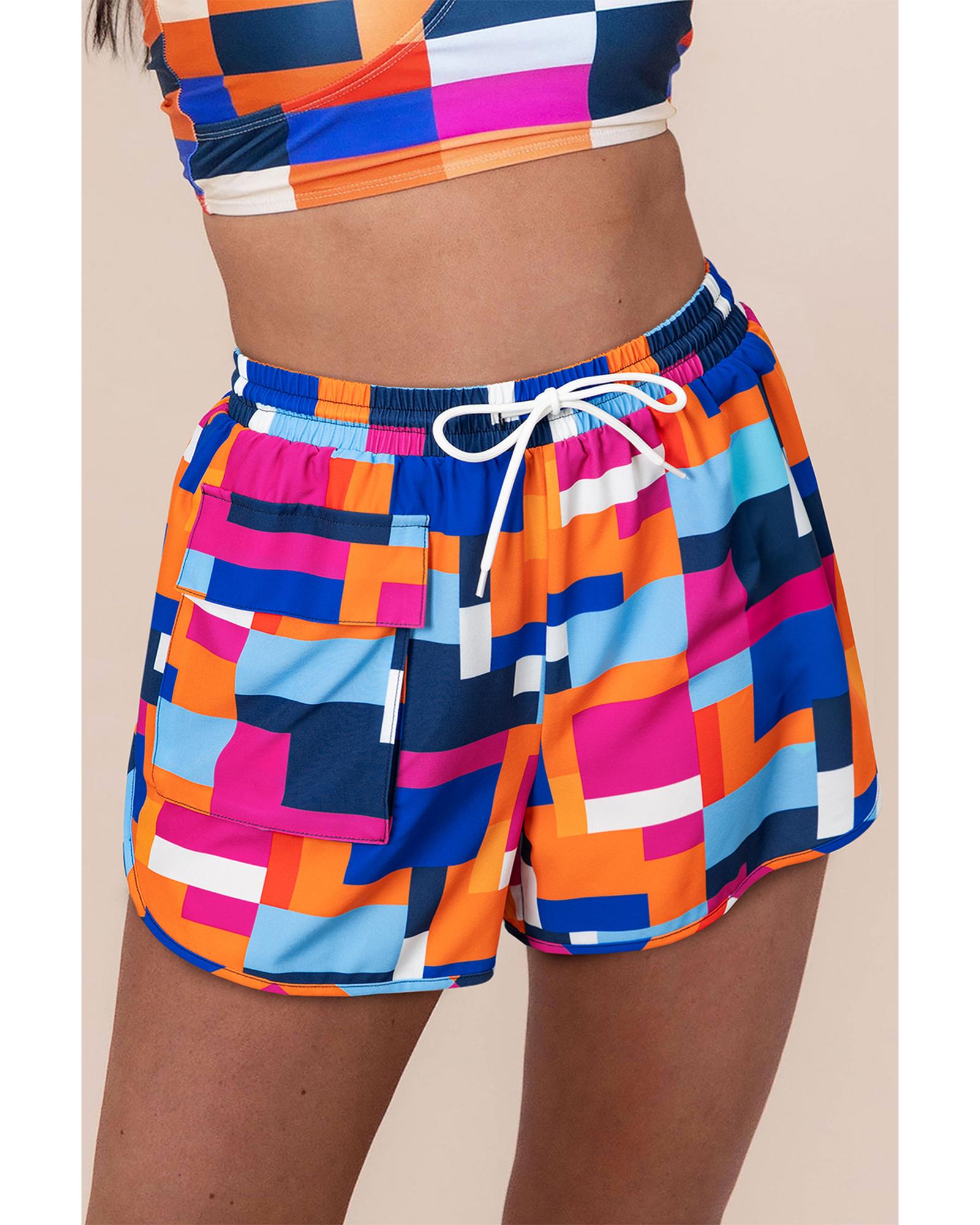 Rose Geometric Printed Drawstring Waist Beach Shorts with Pockets - M 5