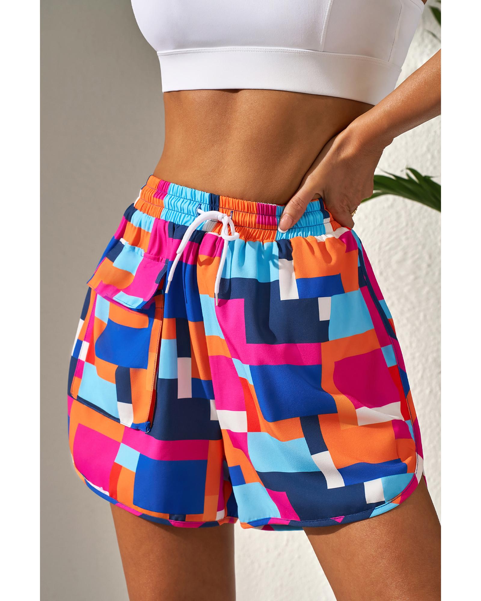 Rose Geometric Printed Drawstring Waist Beach Shorts with Pockets - XL 4