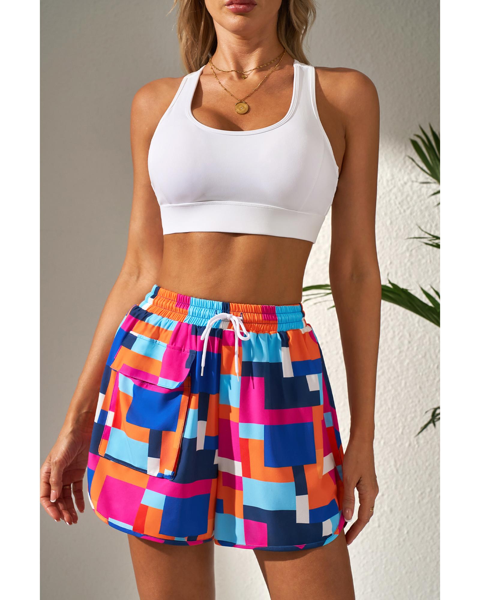 Rose Geometric Printed Drawstring Waist Beach Shorts with Pockets - XL 6