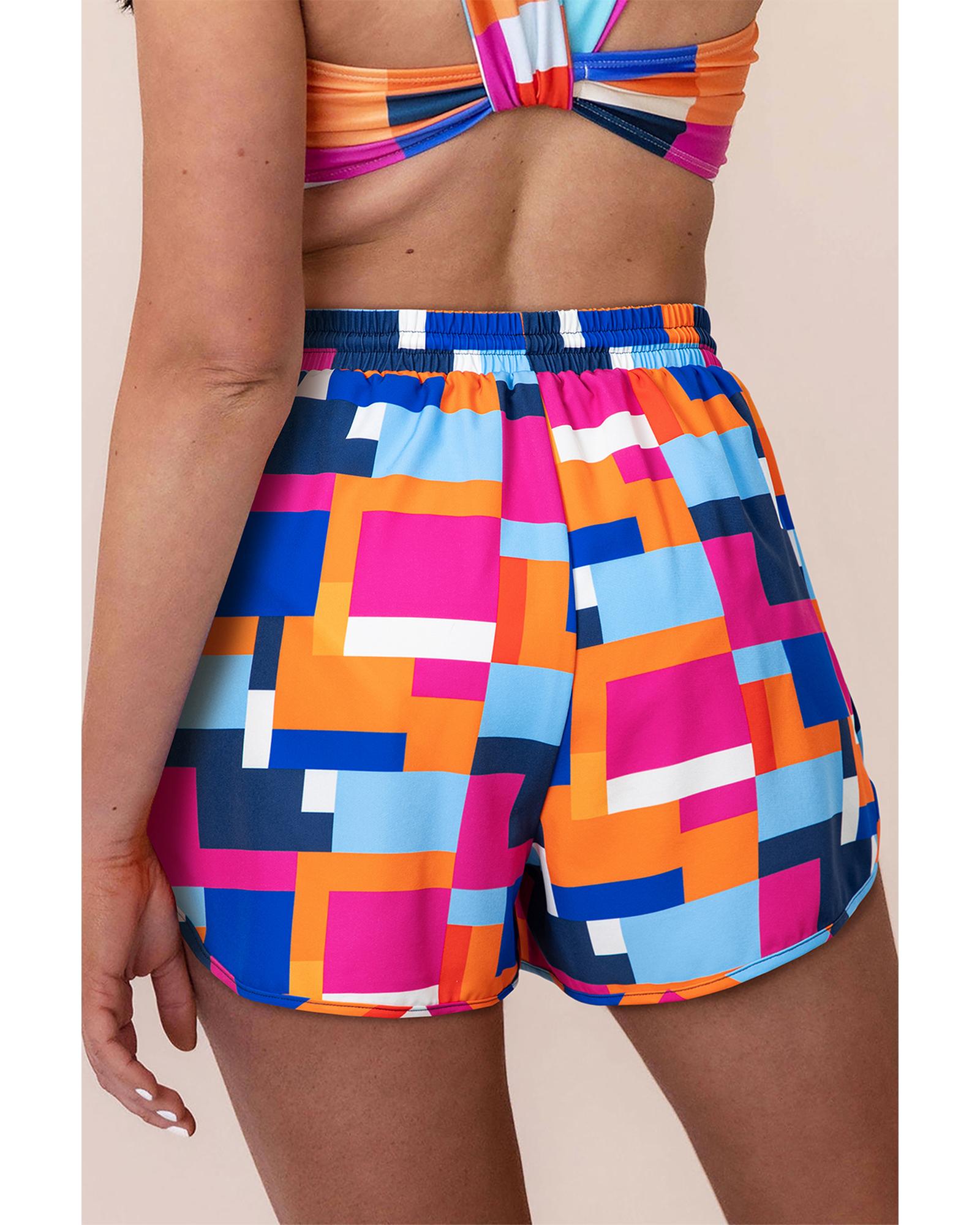 Rose Geometric Printed Drawstring Waist Beach Shorts with Pockets - XL 8