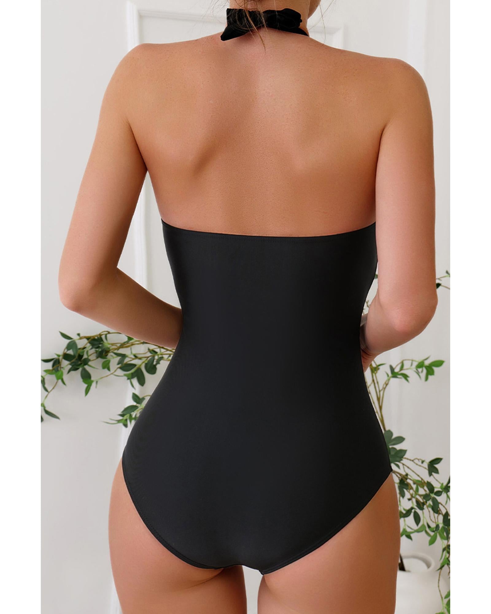 Black Halter Neck Monokini with Floral Beach Cover Up - L 8