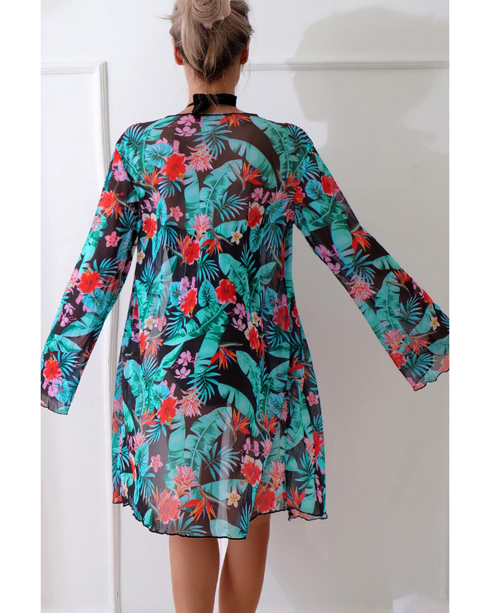 Black Halter Neck Monokini with Floral Beach Cover Up - M