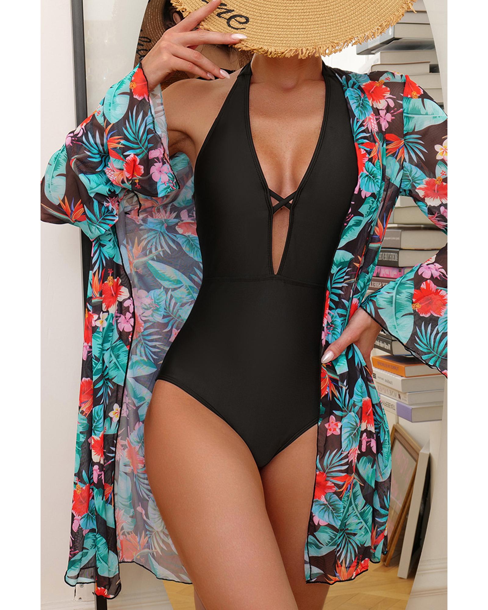 Black Halter Neck Monokini with Floral Beach Cover Up - S