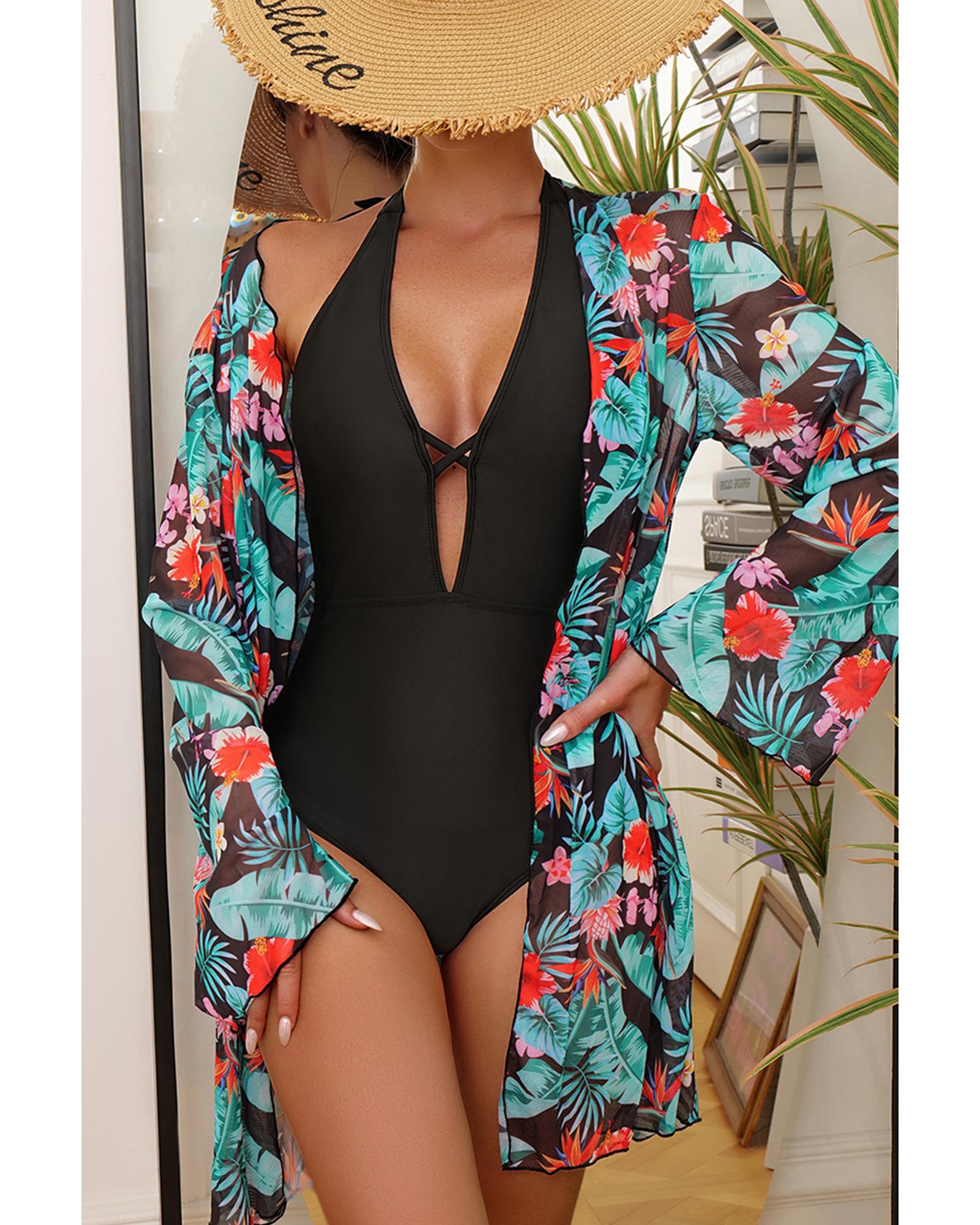 Black Halter Neck Monokini with Floral Beach Cover Up - S 7