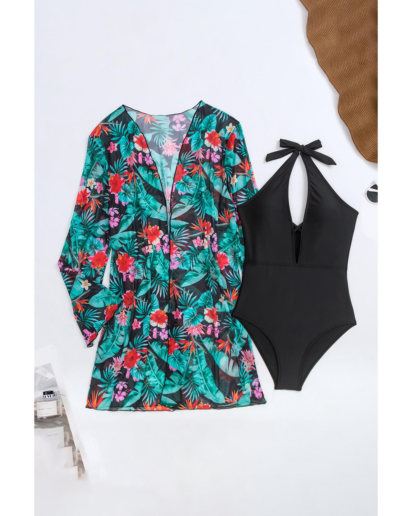 Black Halter Neck Monokini with Floral Beach Cover Up - XL 4