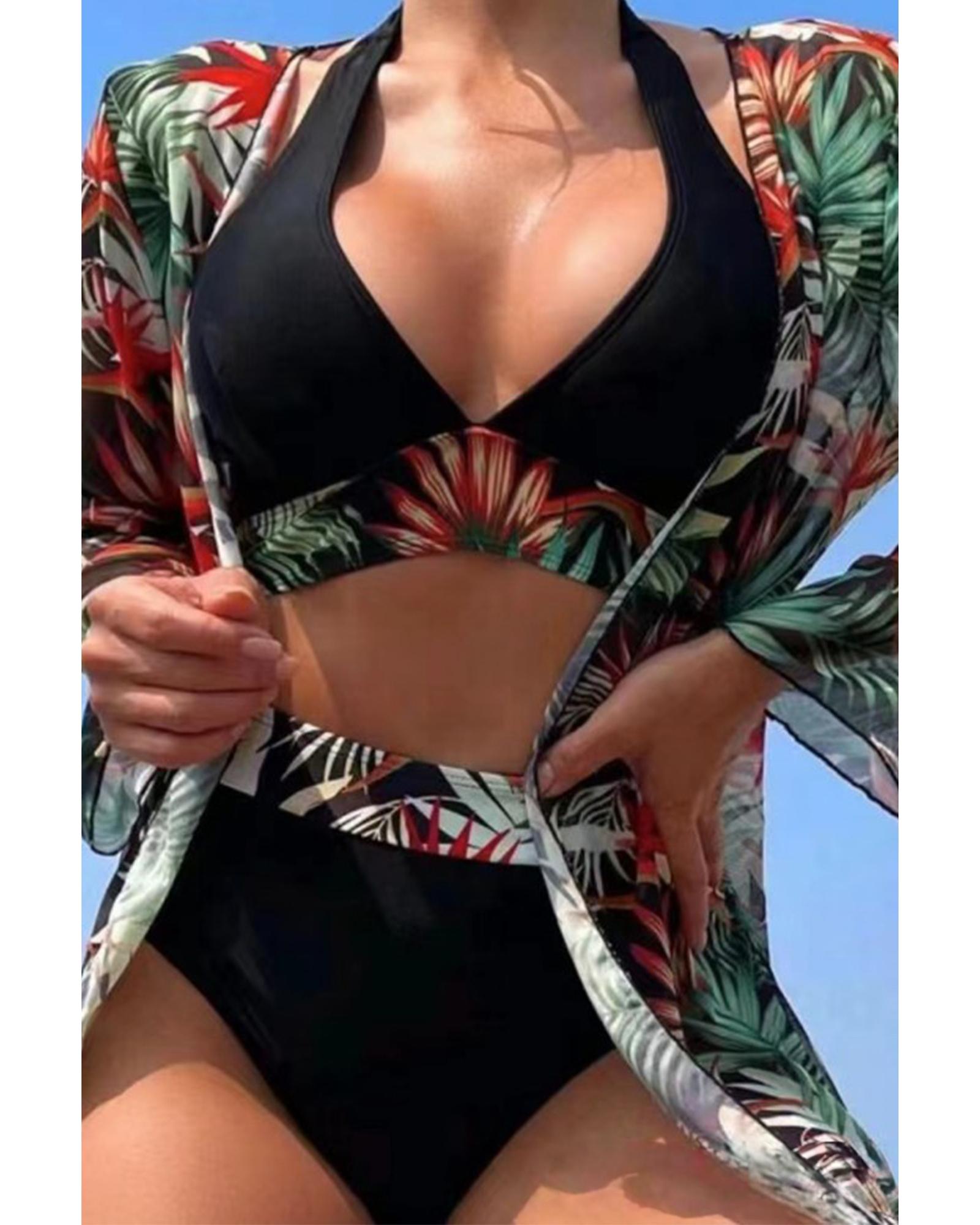 Black 3pcs Tropical Contrast Trim Halter Bikini Set with Cover up - M 3