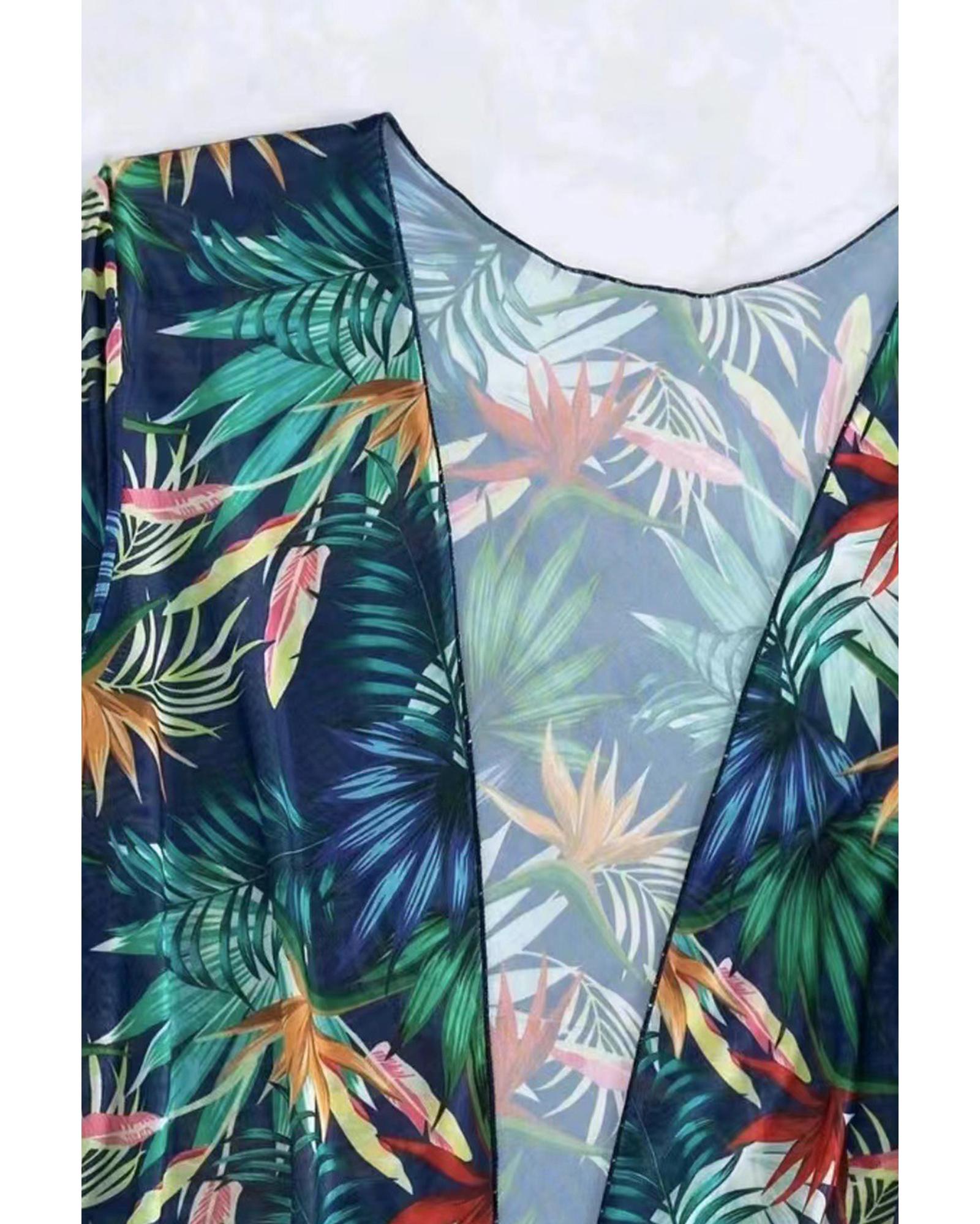 Black 3pcs Tropical Contrast Trim Halter Bikini Set with Cover up - M 4