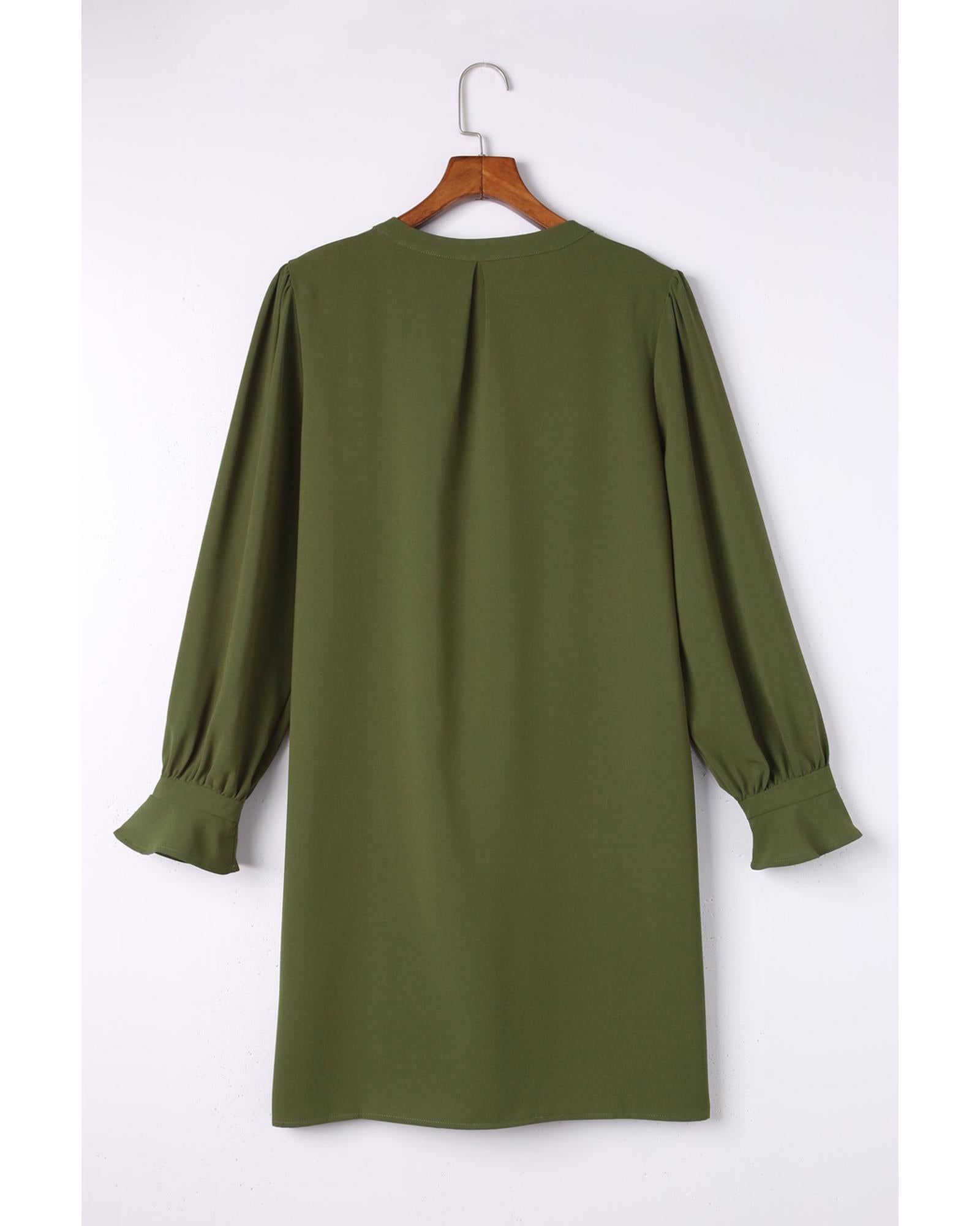 Azura Exchange Green Split V Neck Ruffled Sleeves Shirt Dress - S 4