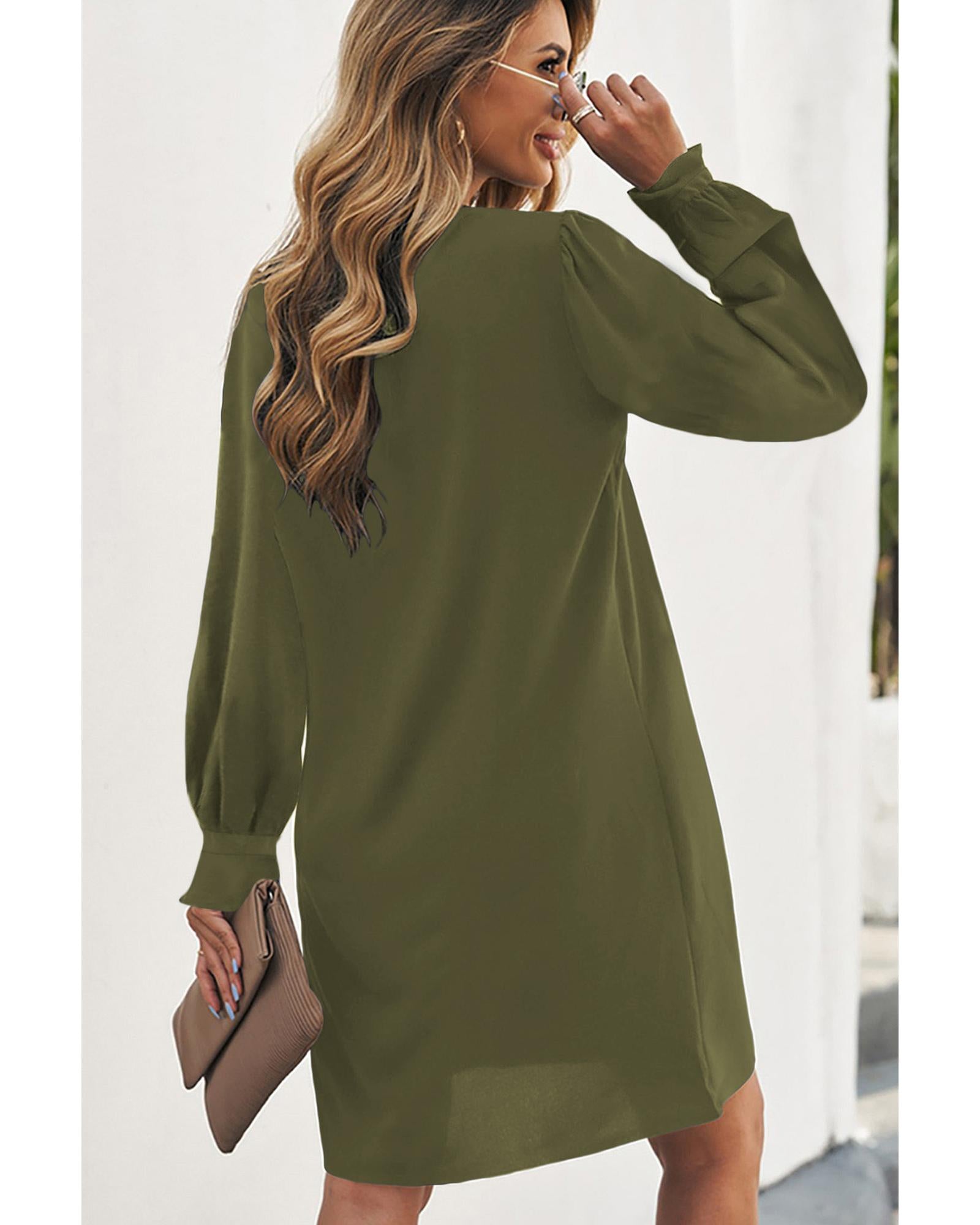 Azura Exchange Green Split V Neck Ruffled Sleeves Shirt Dress - S 6