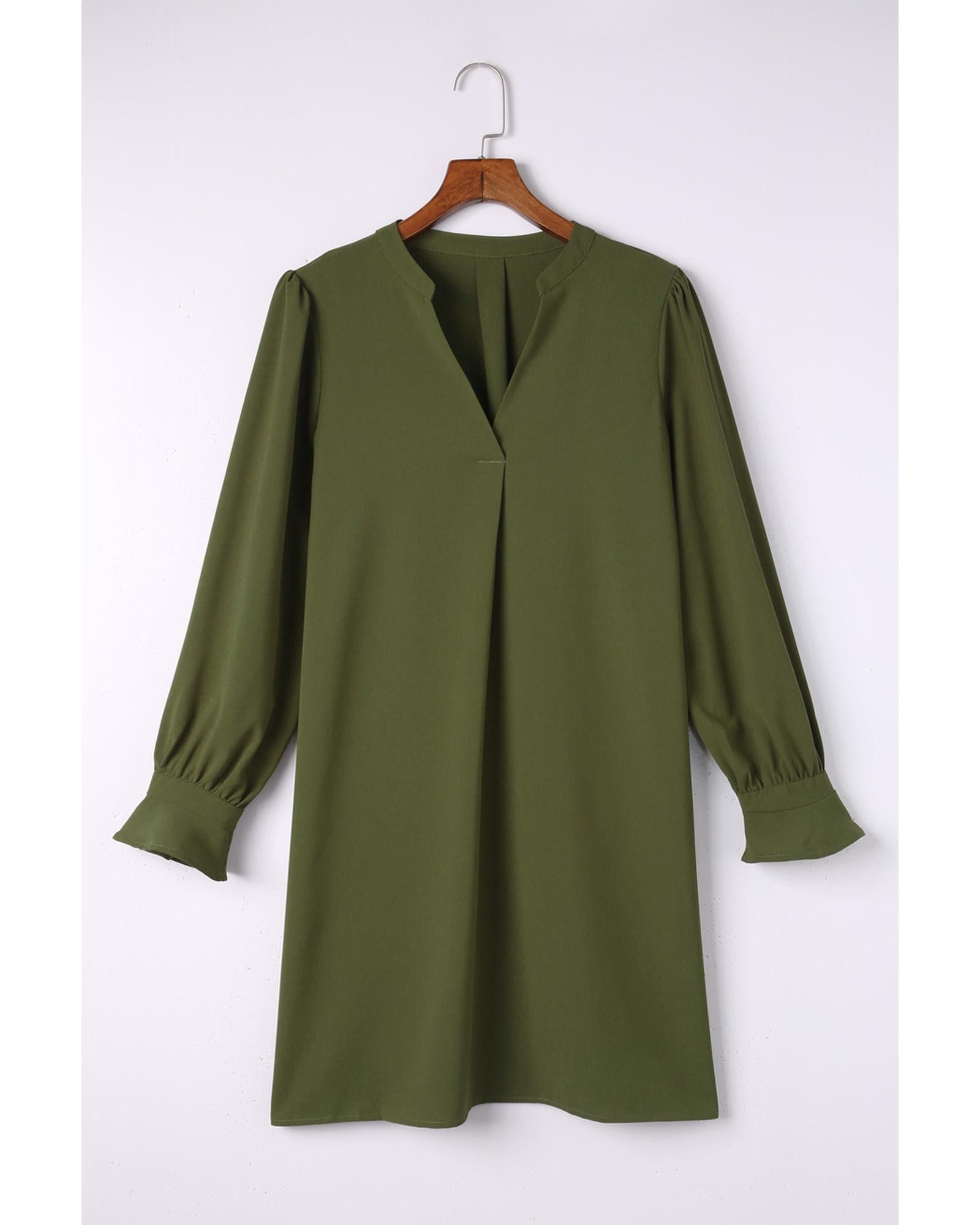 Azura Exchange Green Split V Neck Ruffled Sleeves Shirt Dress - S 7