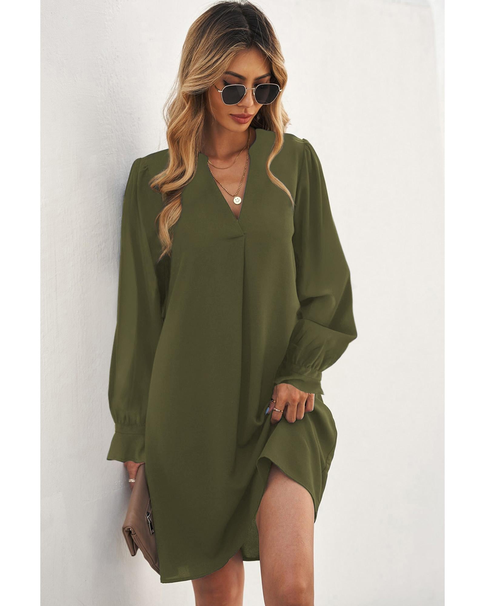 Azura Exchange Green Split V Neck Ruffled Sleeves Shirt Dress - XL