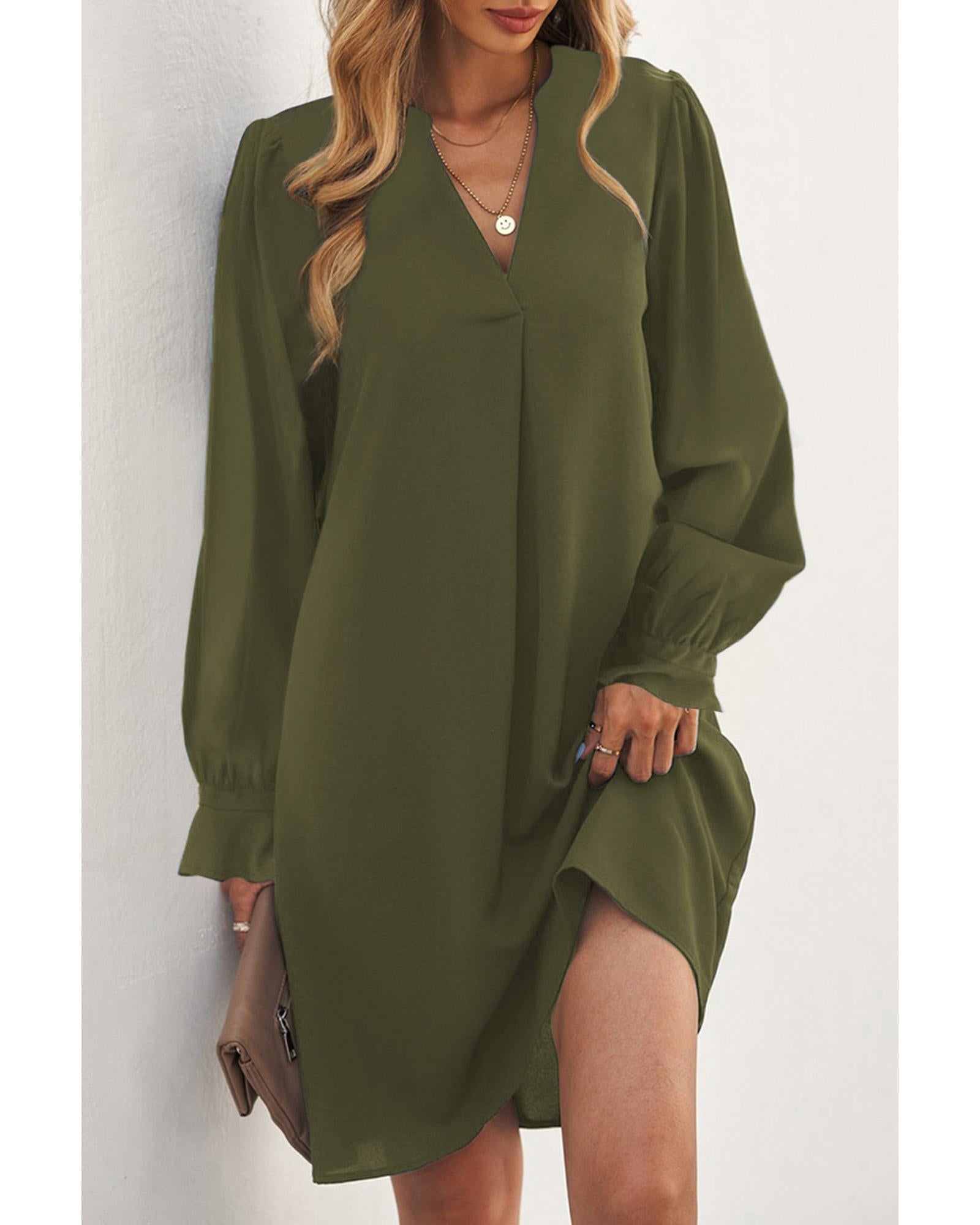 Azura Exchange Green Split V Neck Ruffled Sleeves Shirt Dress - XL 3