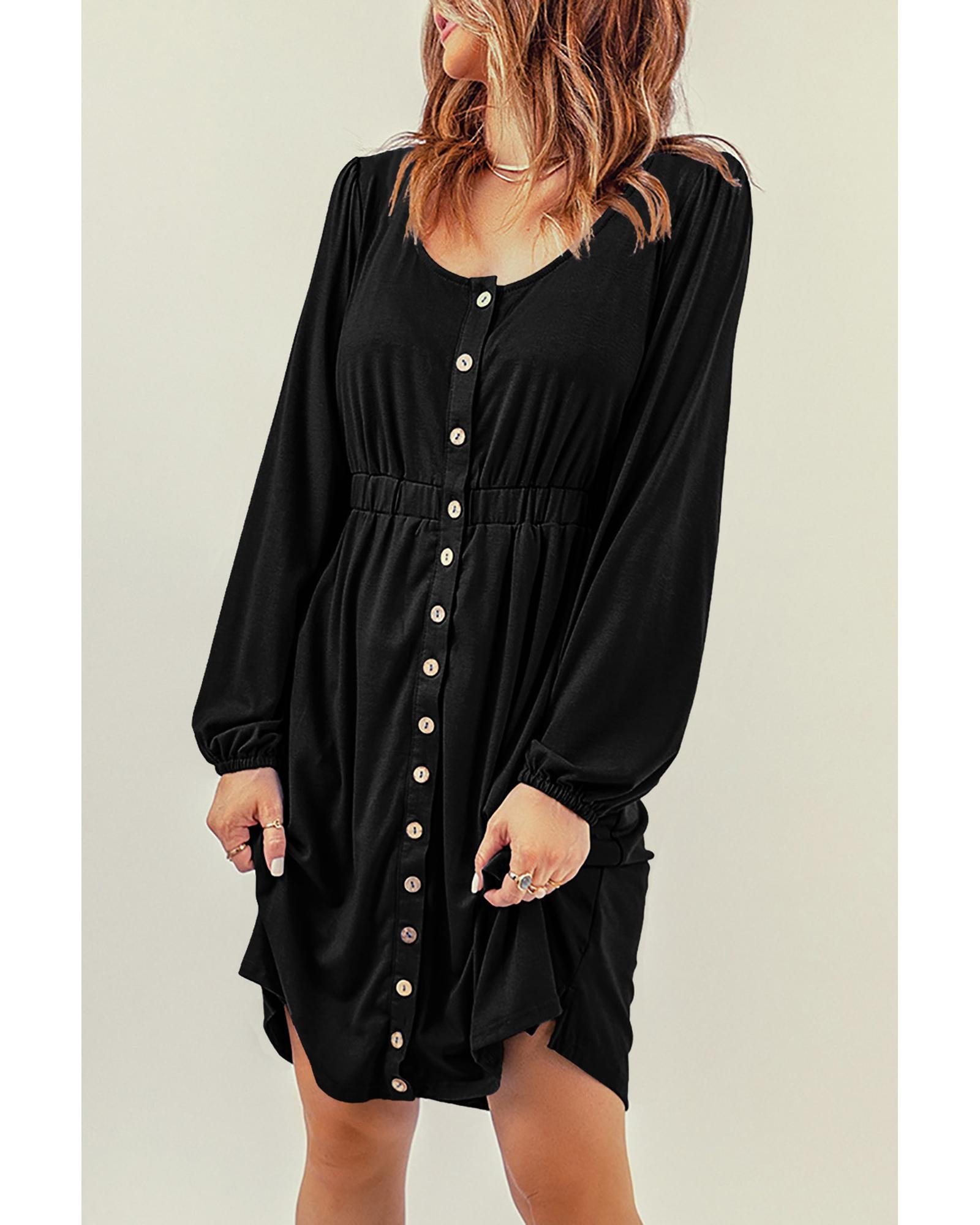 Black Button Up High Waist Long Sleeve Dress - M
