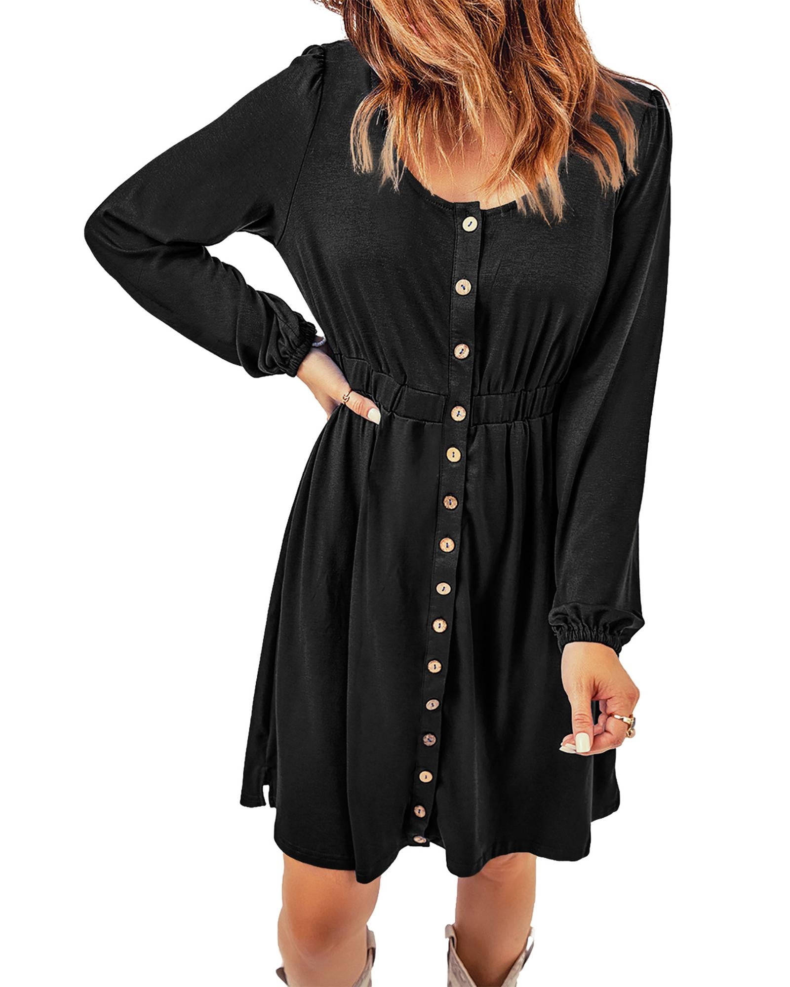Black Button Up High Waist Long Sleeve Dress - M 6