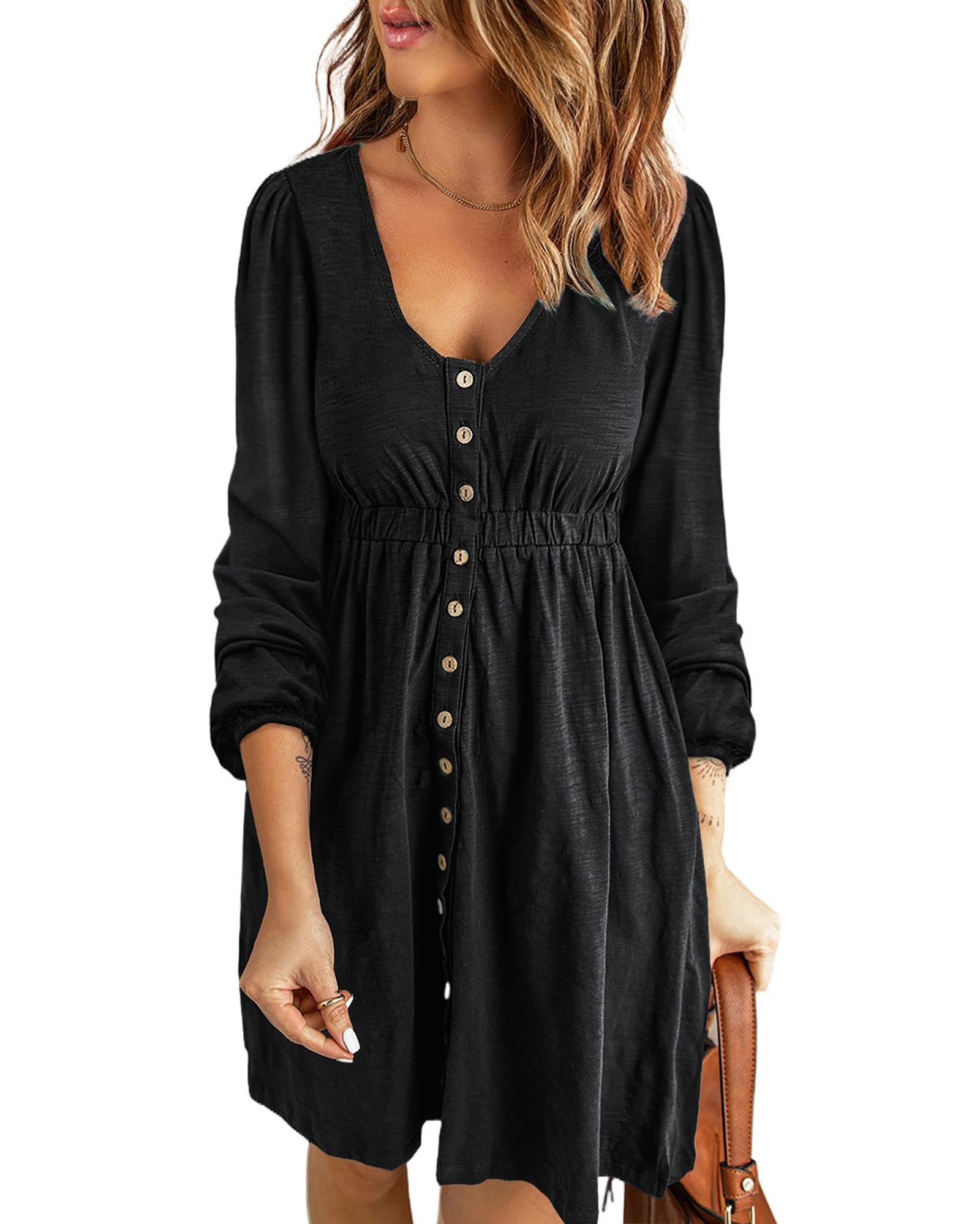 Black Button Up High Waist Long Sleeve Dress - M 8