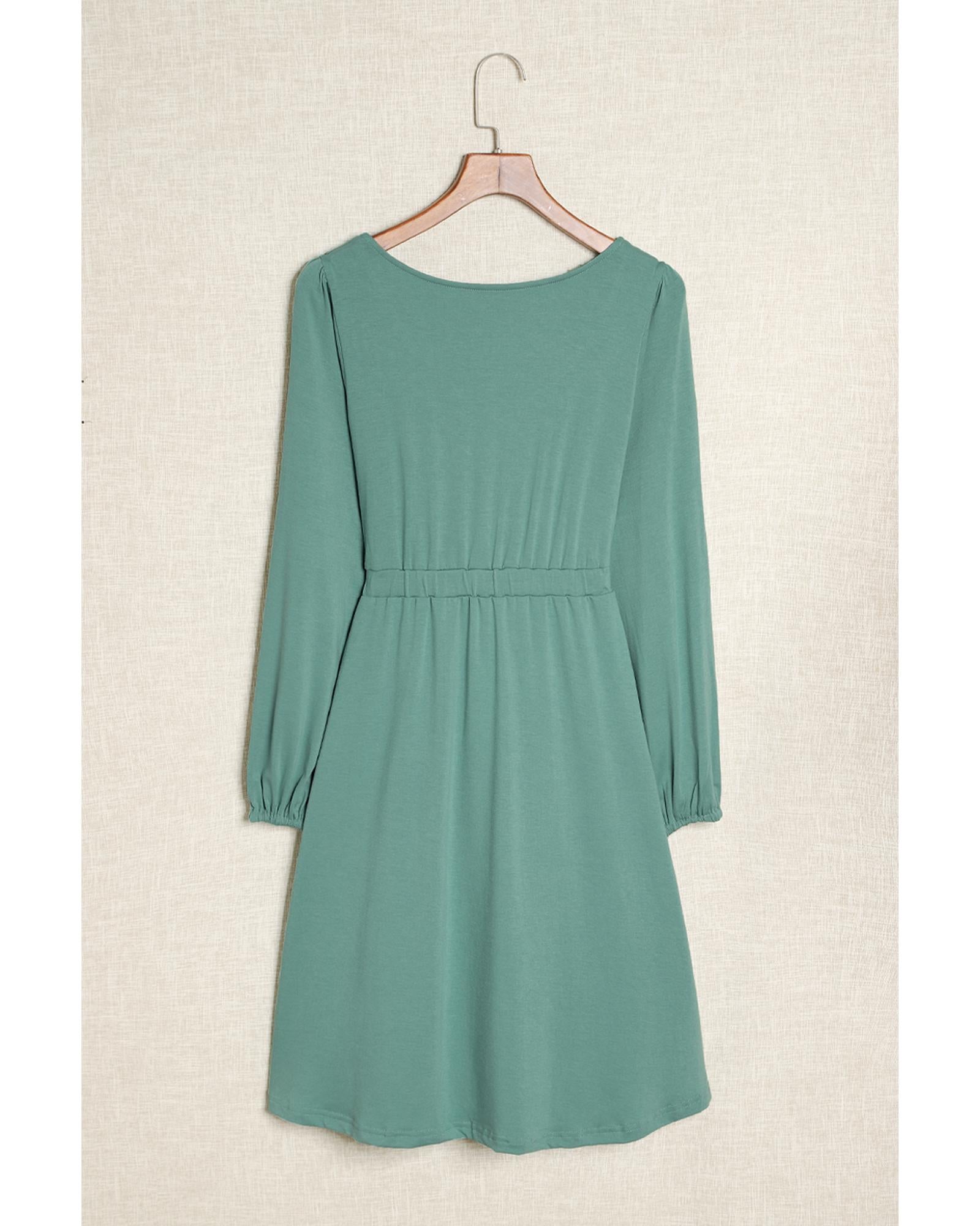Green Button Up High Waist Long Sleeve Dress - 2XL 6