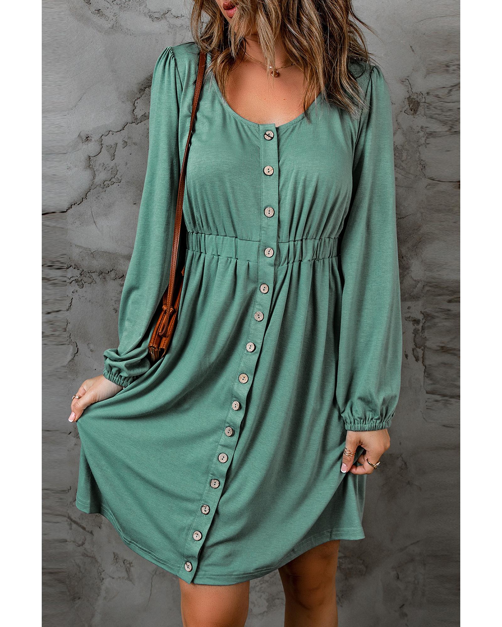 Green Button Up High Waist Long Sleeve Dress - L 3