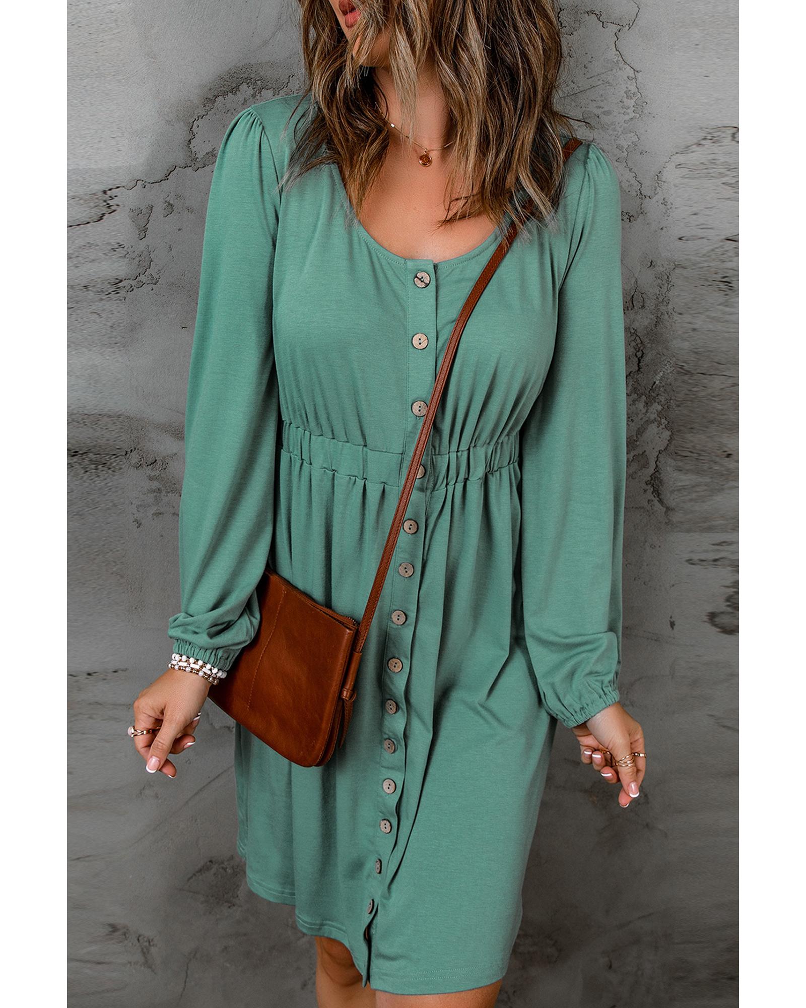 Green Button Up High Waist Long Sleeve Dress - S 6
