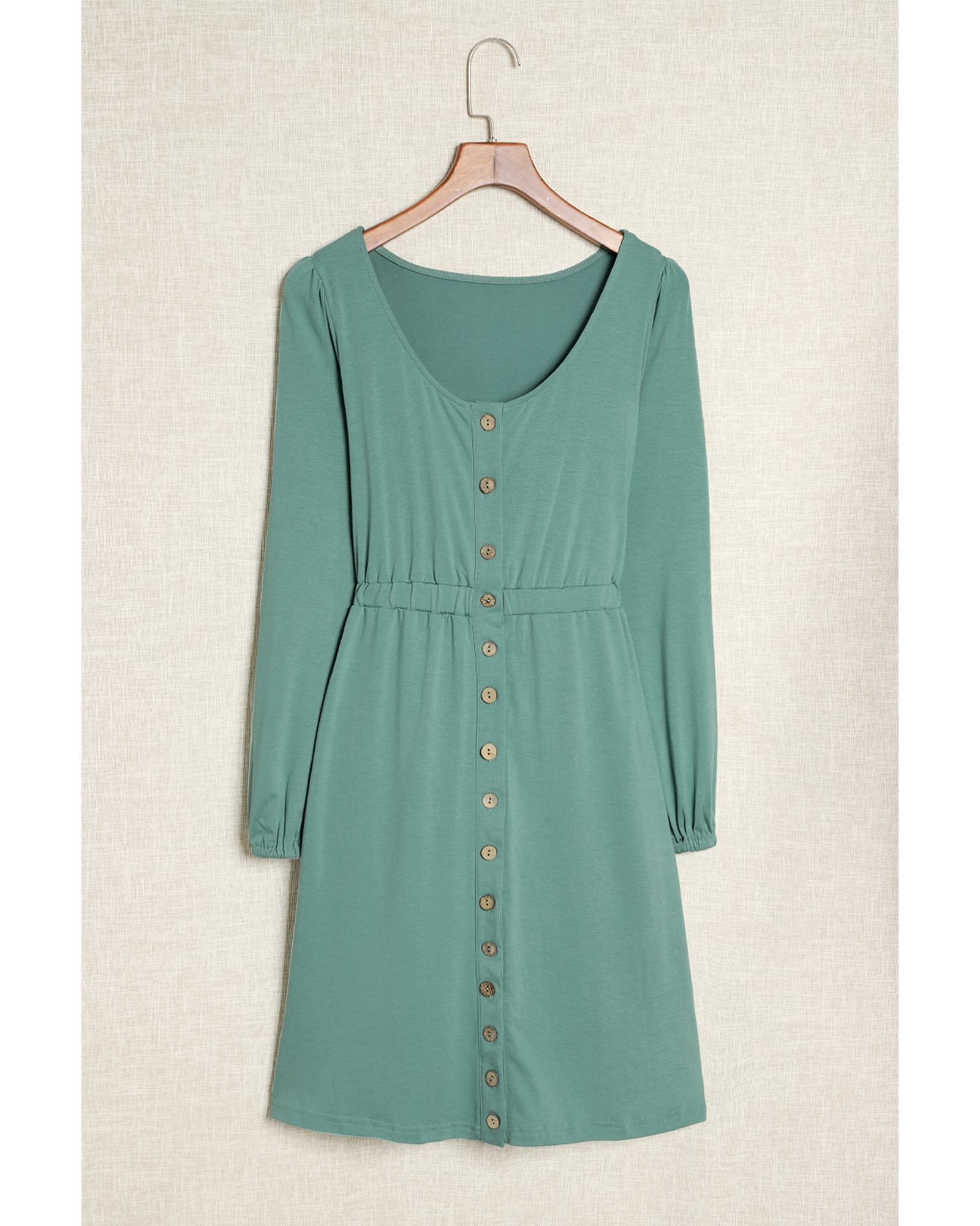 Green Button Up High Waist Long Sleeve Dress - S 8