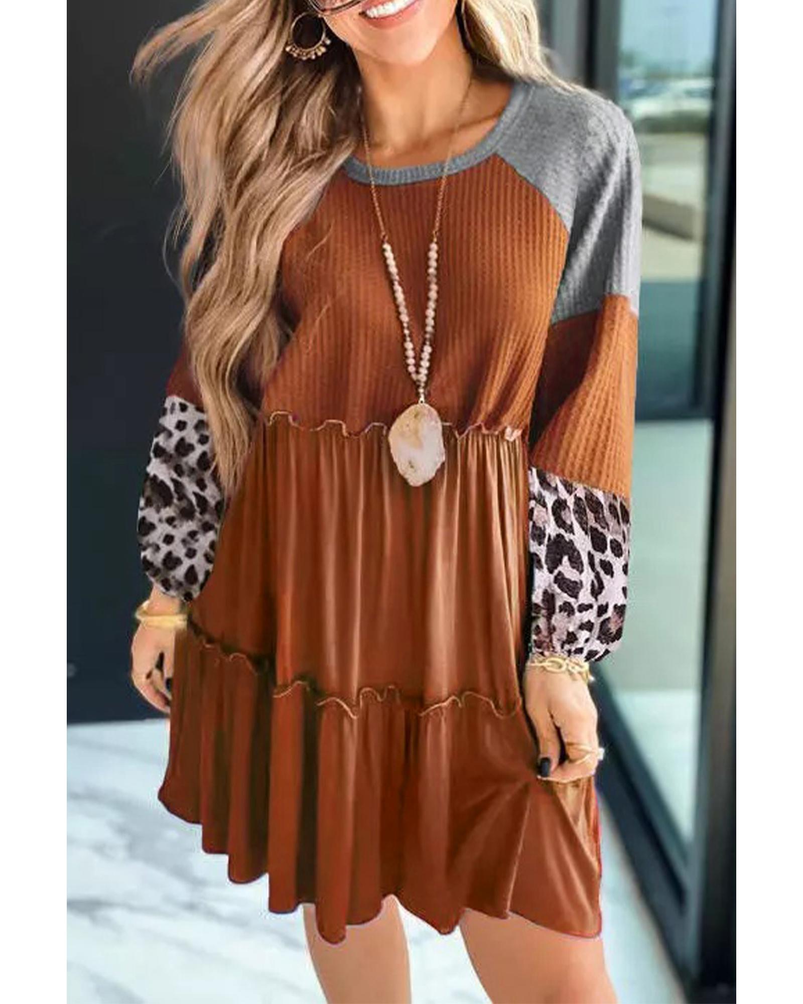 Brown Waffle Knit Leopard Patchwork Long Sleeve Dress - M