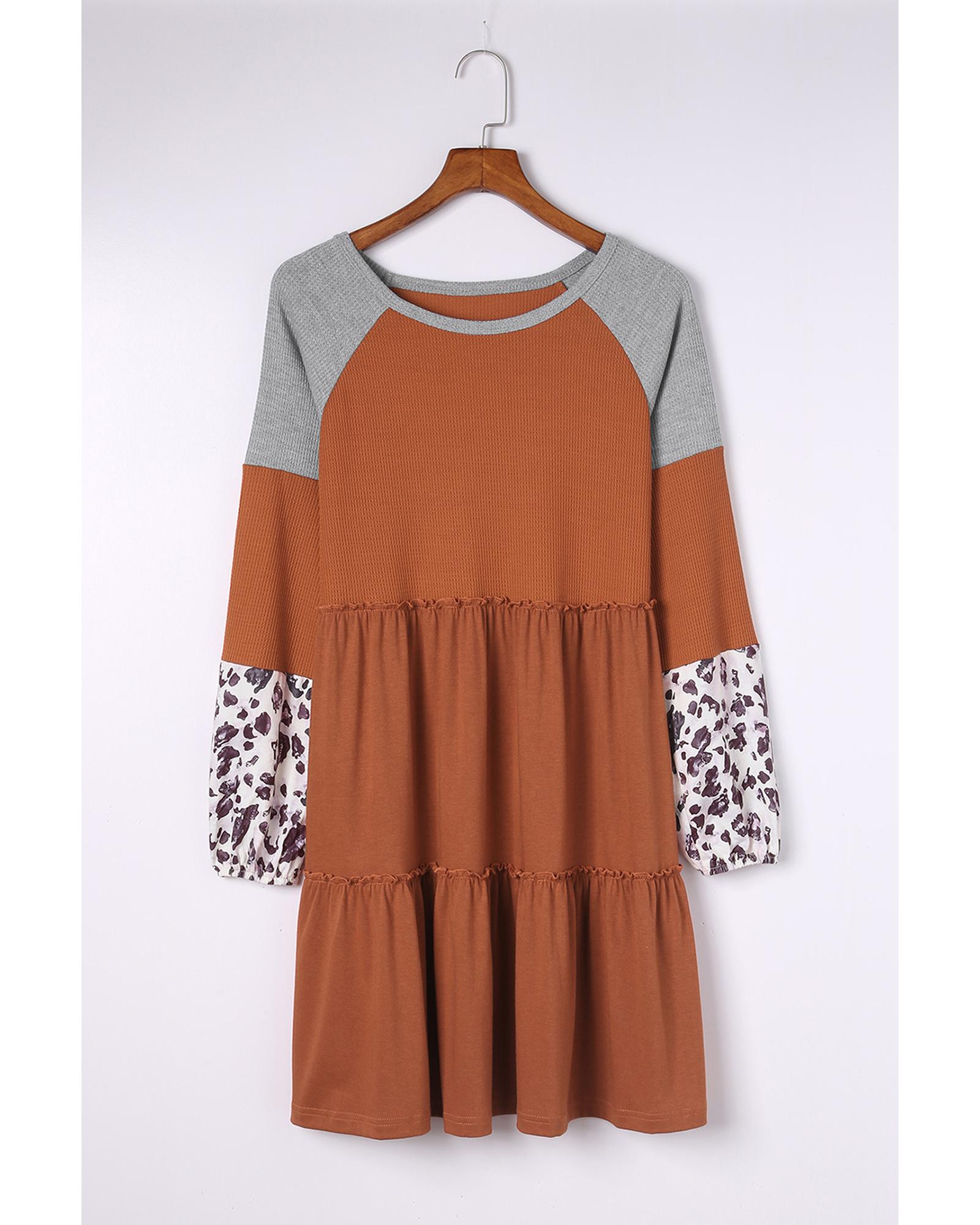 Brown Waffle Knit Leopard Patchwork Long Sleeve Dress - M 6