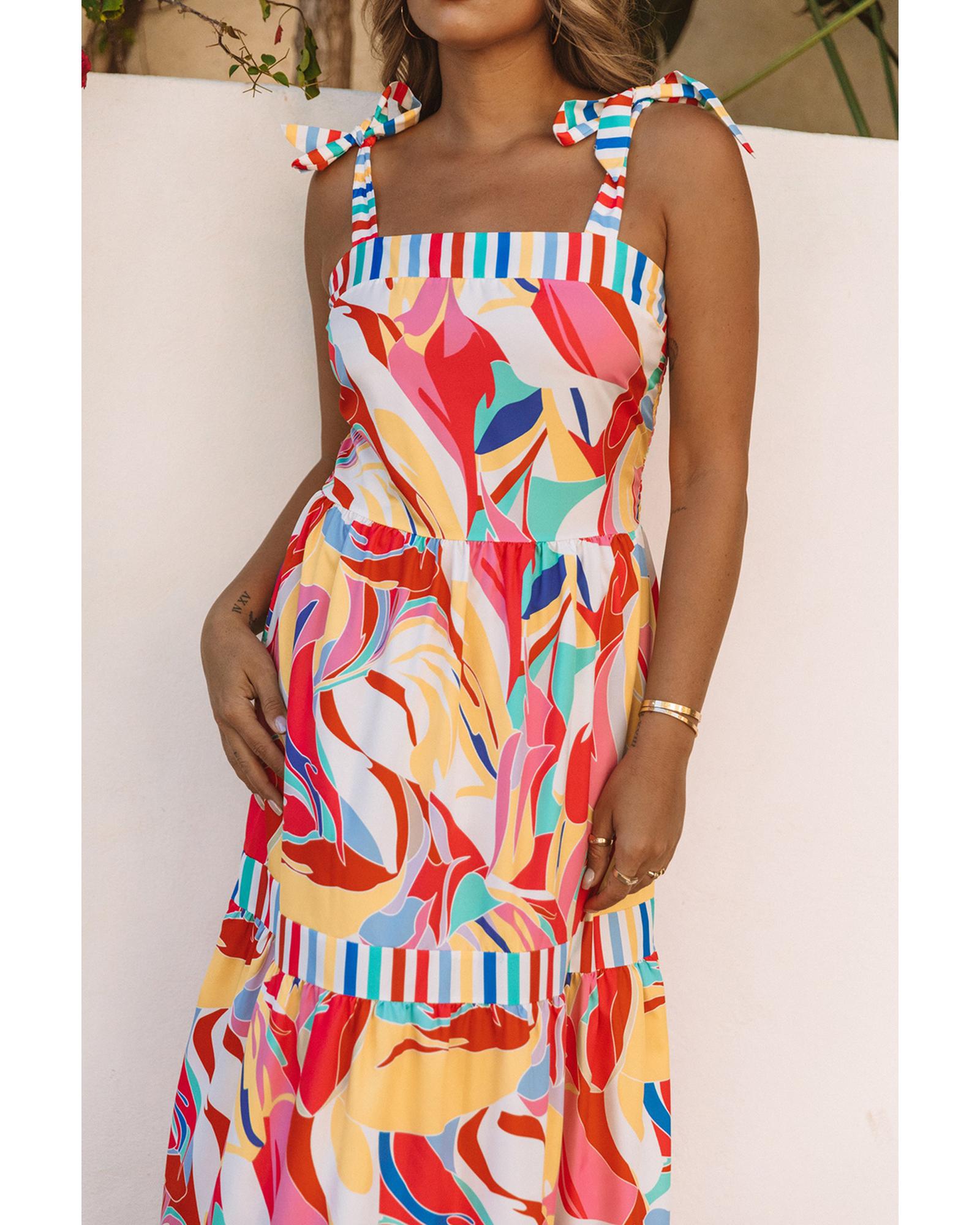 Multicolor Abstract Print Striped Trim Maxi Sundress - 2XL