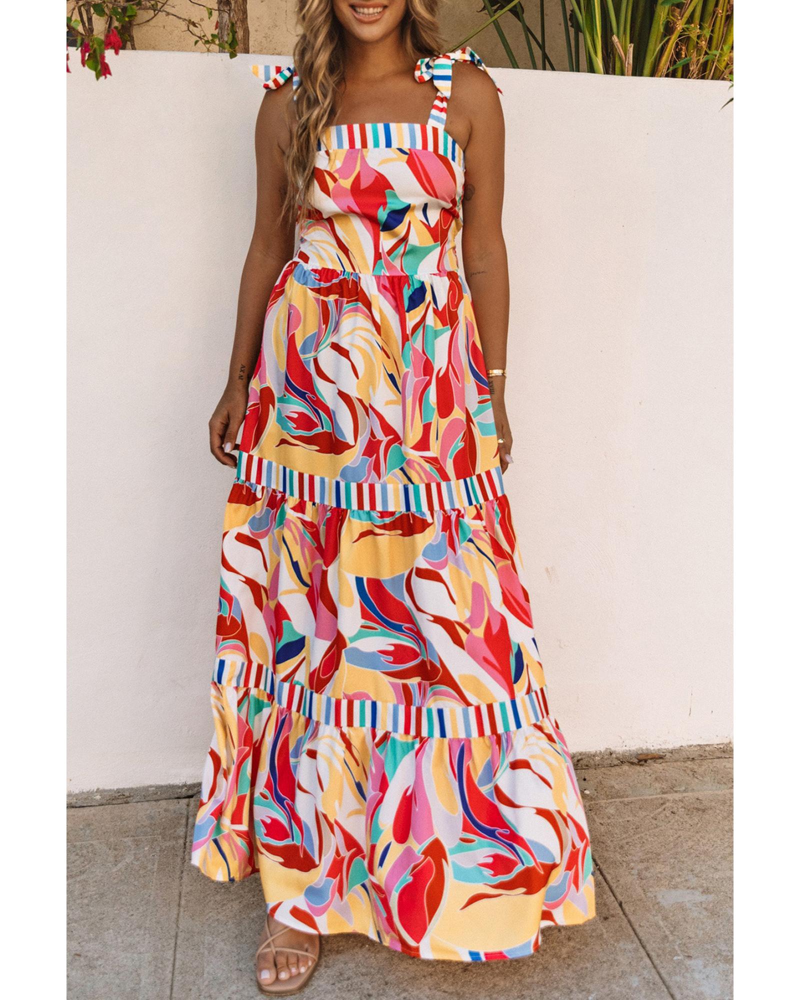 Multicolor Abstract Print Striped Trim Maxi Sundress - L