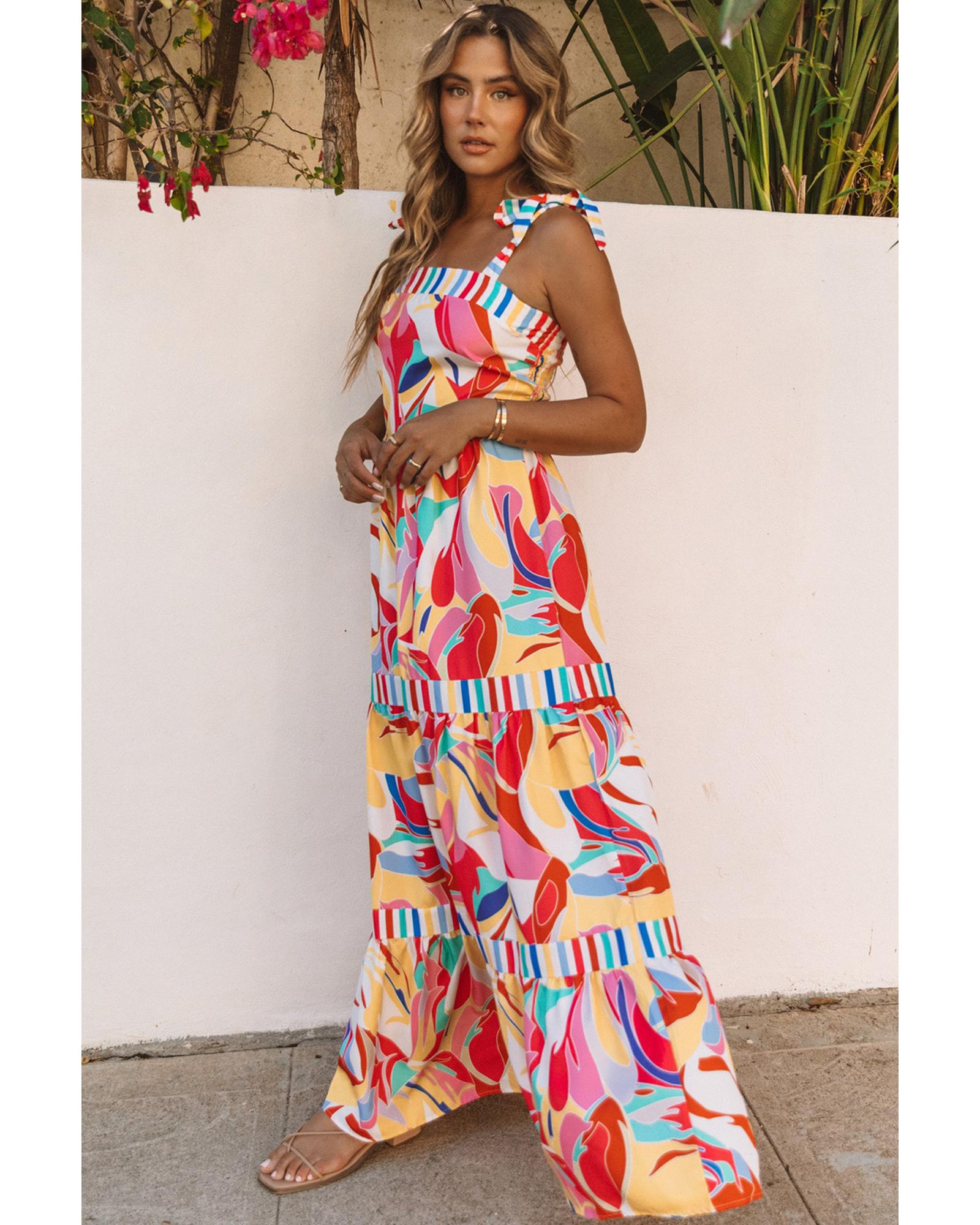 Multicolor Abstract Print Striped Trim Maxi Sundress - L