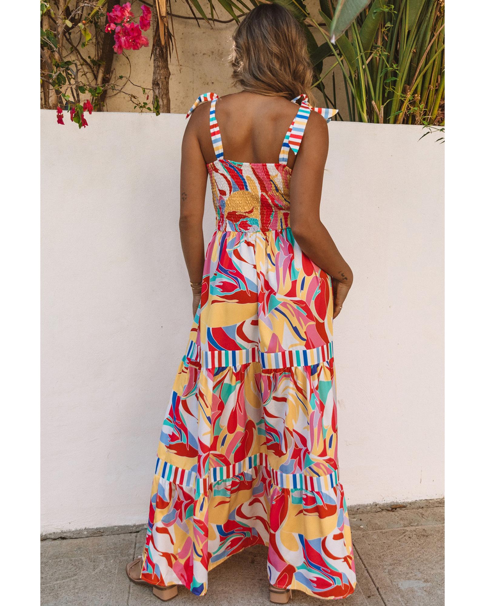Multicolor Abstract Print Striped Trim Maxi Sundress - M
