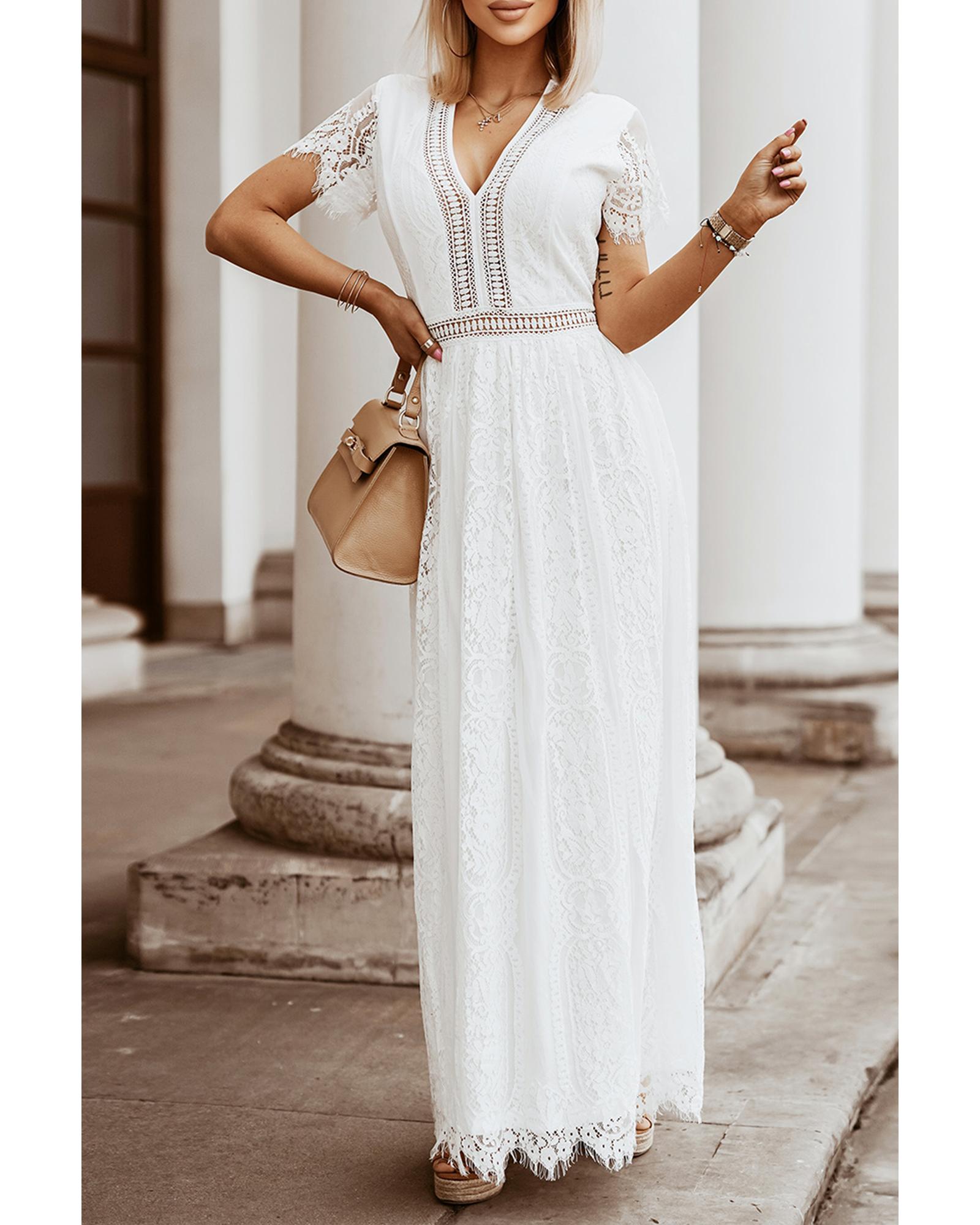 Azura Exchange White Blue Fill Your Heart Lace Maxi Dress - S